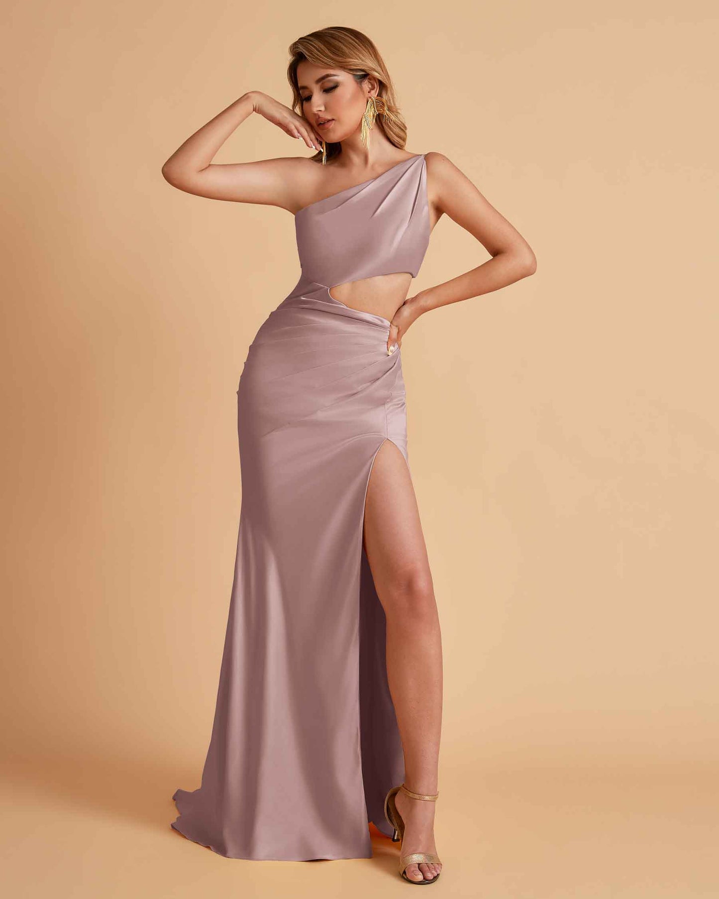 Sexy One-Shoulder Waist Cutout With High Split Floor-Length Bridesmaid Dresses