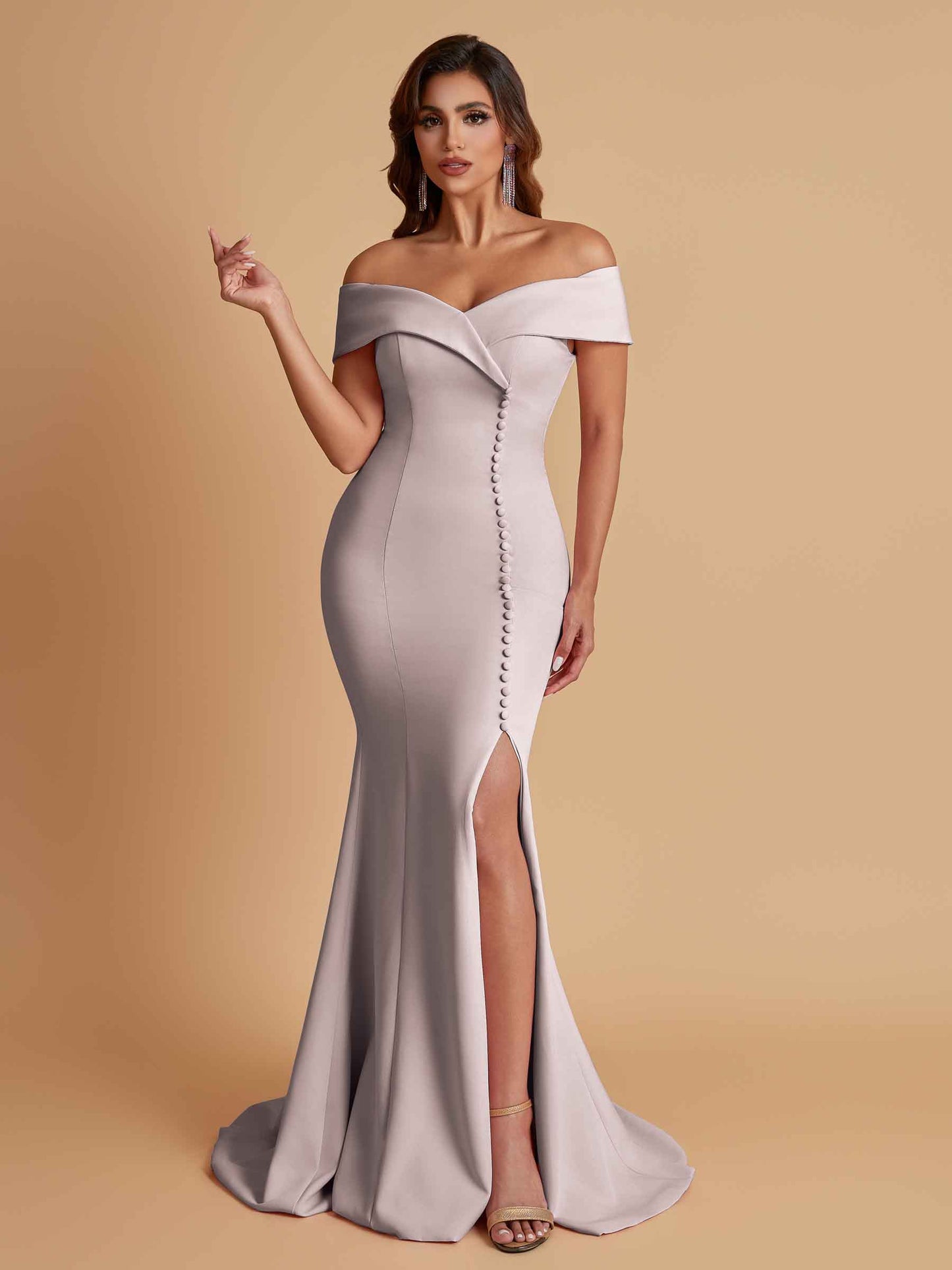 Elegant Soft Satin Mermaid Off Shoulder Side Slit Floor-Length Bridesmaid Dresses