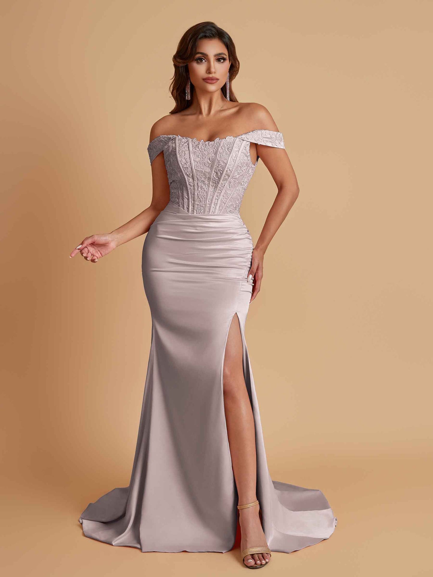 Elegant Soft Satin Mermaid Off Shoulder Side Slit Floor-Length Mermaid Bridesmaid Dresses