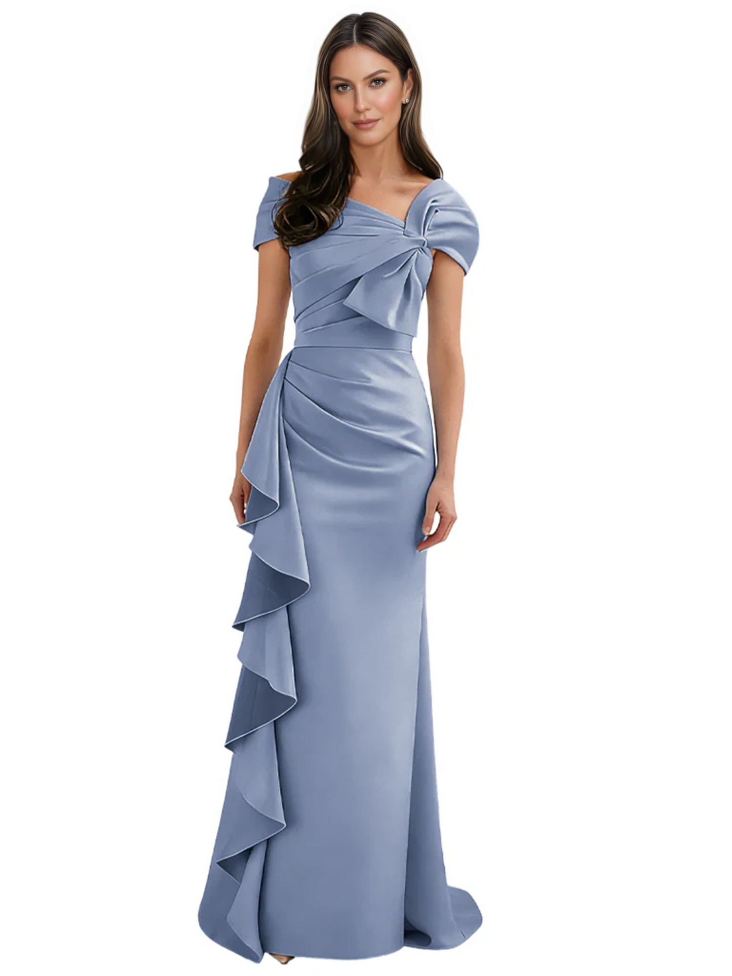 Elegant Mother of Bride Dress Formal Gowns Mermaid Ruffle Floor Length Asymmetric Neckline