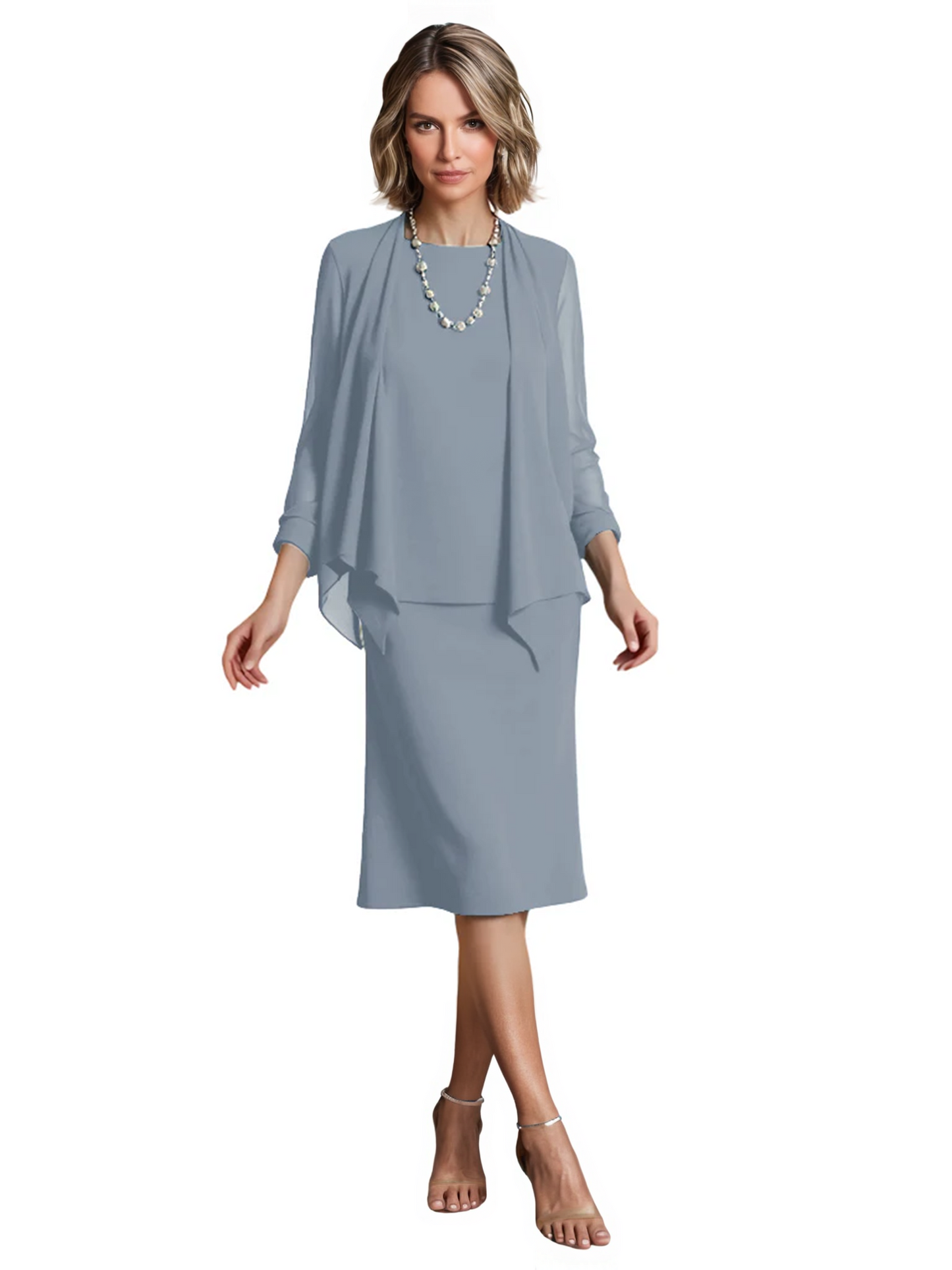 3 PCS Knee-Length Mother of Bride Dresses Prom Dress Evening Dress with Sheer Sleeves and Jacket