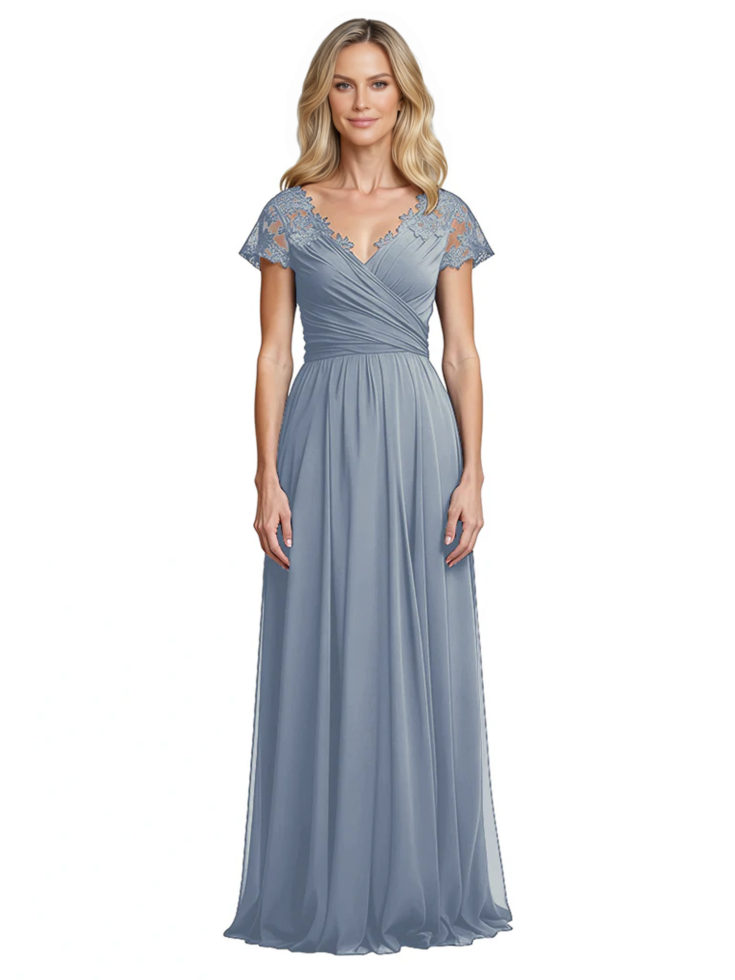 Mother of the Bride Dress Cap Sleeves and V-Neckline with Embroidered Lace Shoulders
