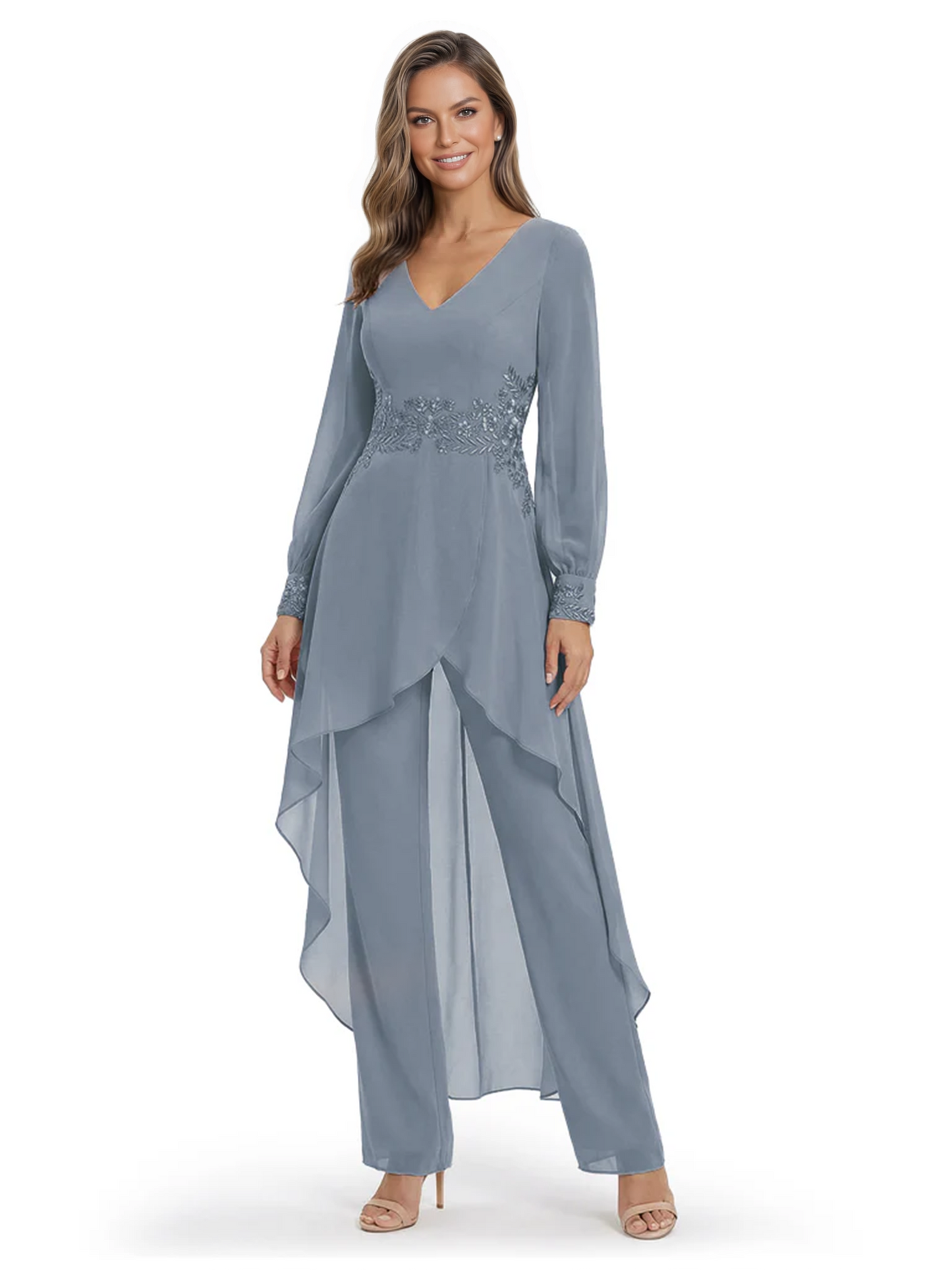 Luxury Black Formal Trousers Set High-Low Chiffon Top with Sparkling Beaded Detail