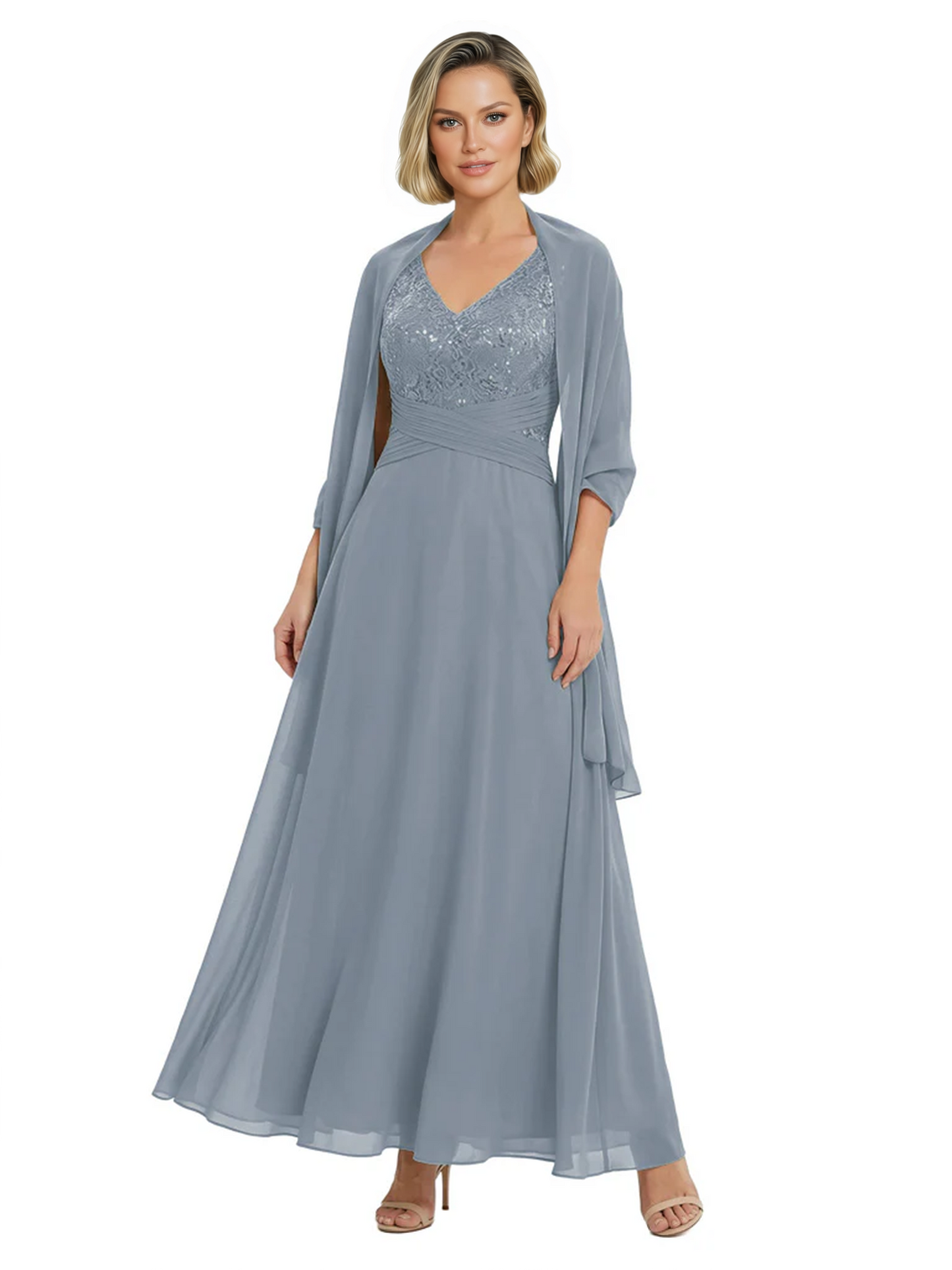 Luxury Formal Mother of Bride Dress Sparkling Sequin Top & Flowy Chiffon Skirt with Shawl