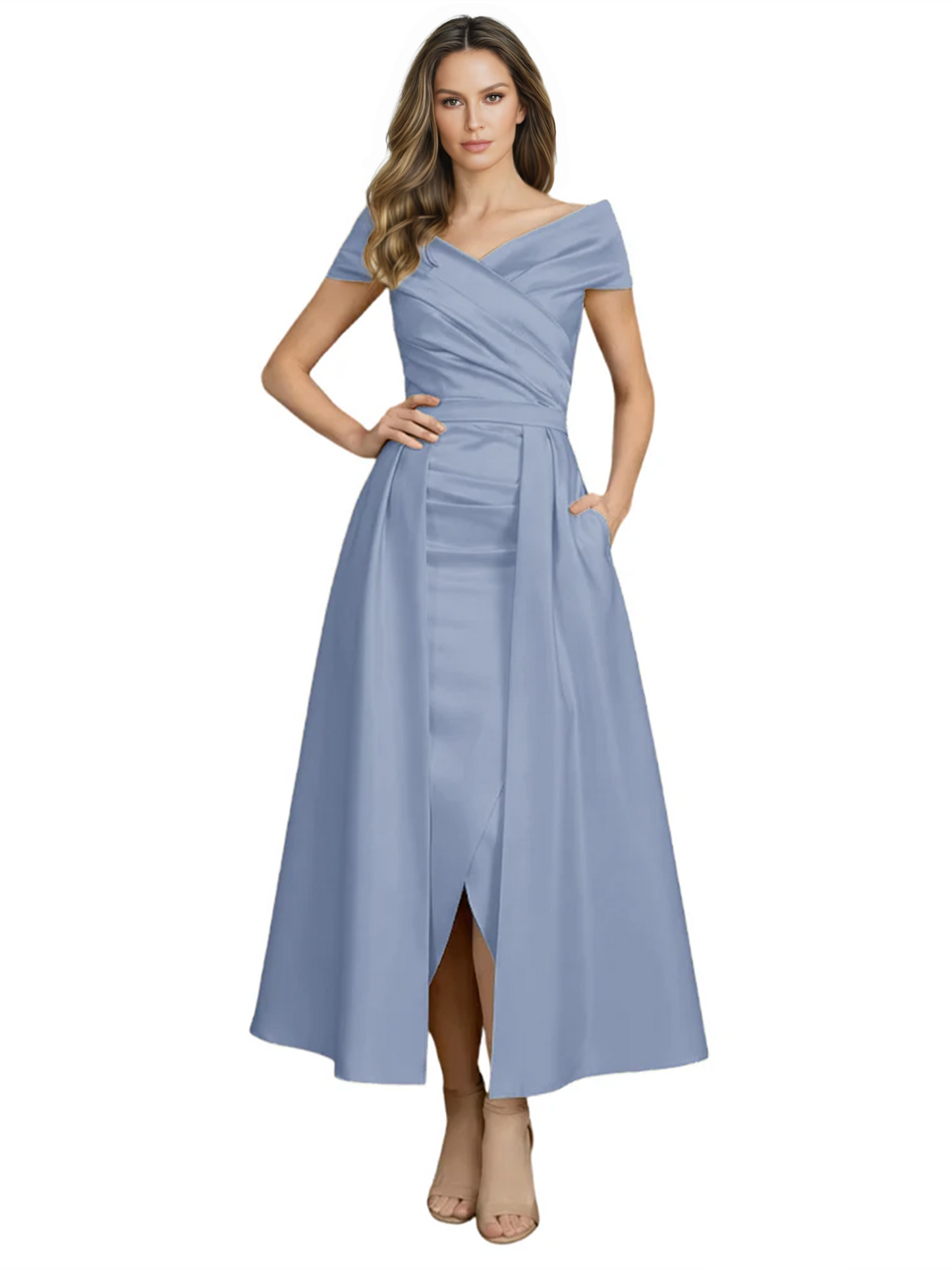 Formal Floor-Length Mother of the Bride Gown Satin Maxi Dress with Slit Off Shoulder