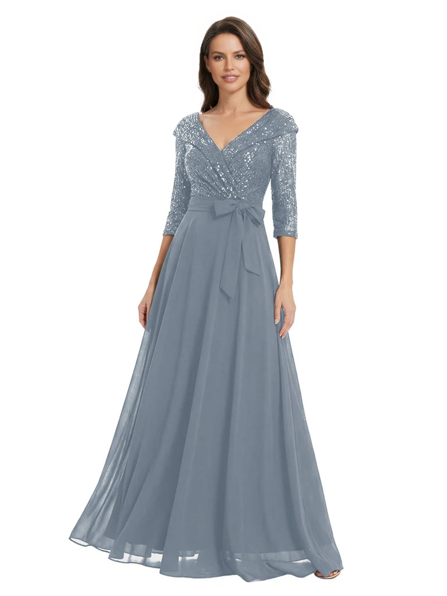 Chiffon Mother of the Bride Dress with Sequin V-Neck and Elegant Bow Sash