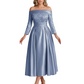 Off Shoulder Mother of the Bride Dress Tea-Length Satin Gown with Lace Applique