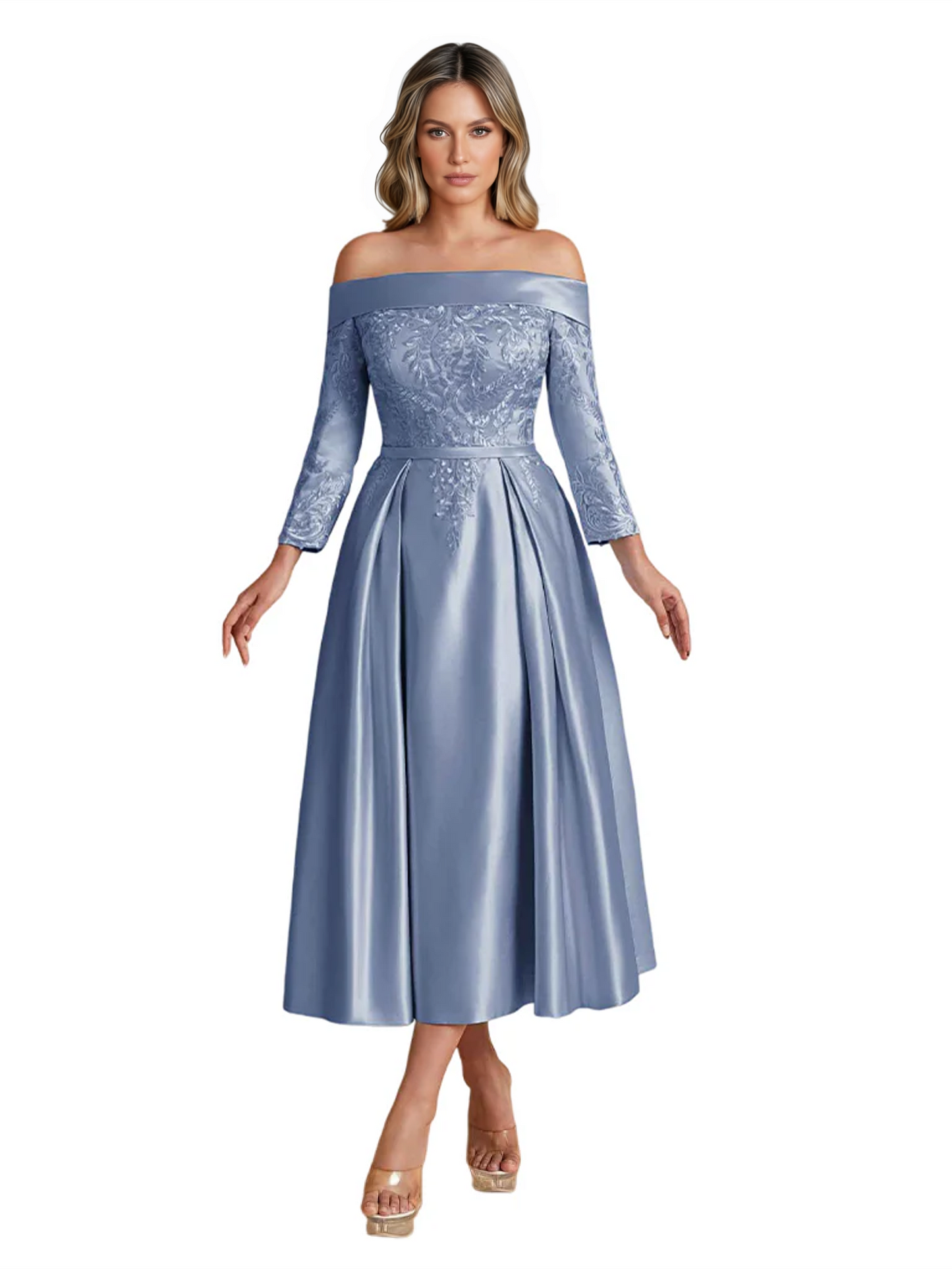Off Shoulder Mother of the Bride Dress Tea-Length Satin Gown with Lace Applique