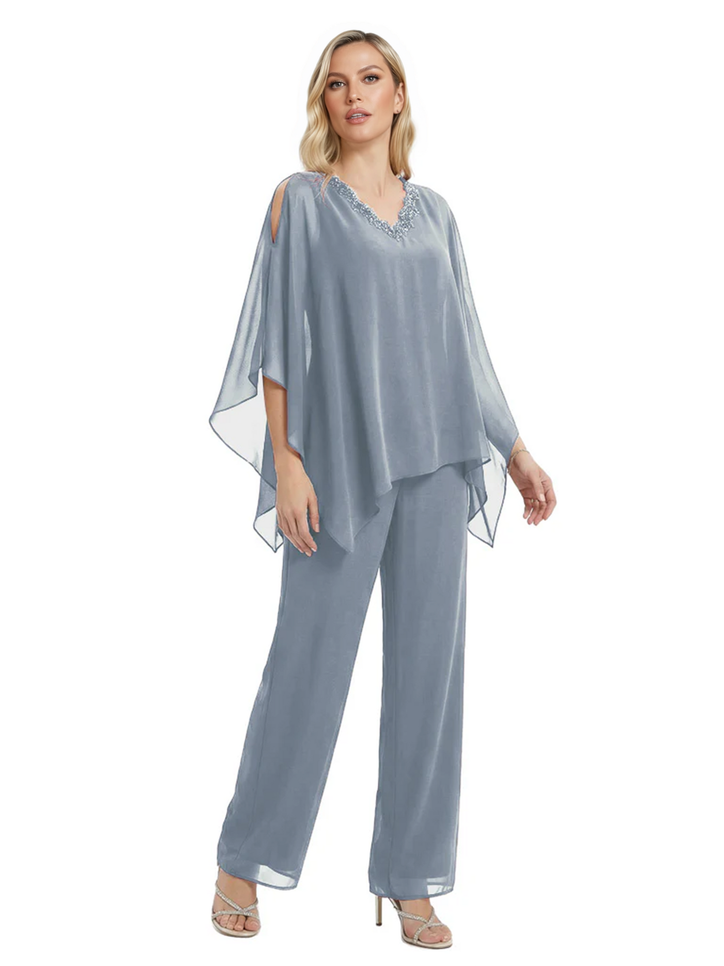 V-Neck Chiffon Mother of the Brides Dresses Plus Size Jacket Suits Wedding