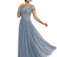Long A-line Chiffon Short Sleeves Mother of the Brides Dresses Lace Wedding
