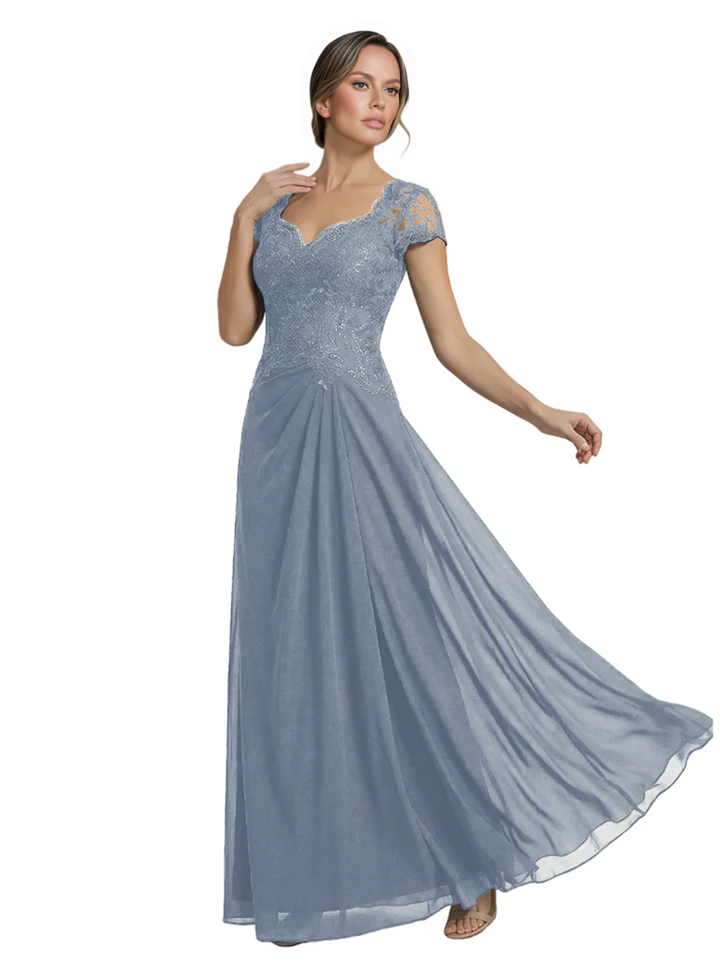 Long A-line Chiffon Short Sleeves Mother of the Brides Dresses Lace Wedding