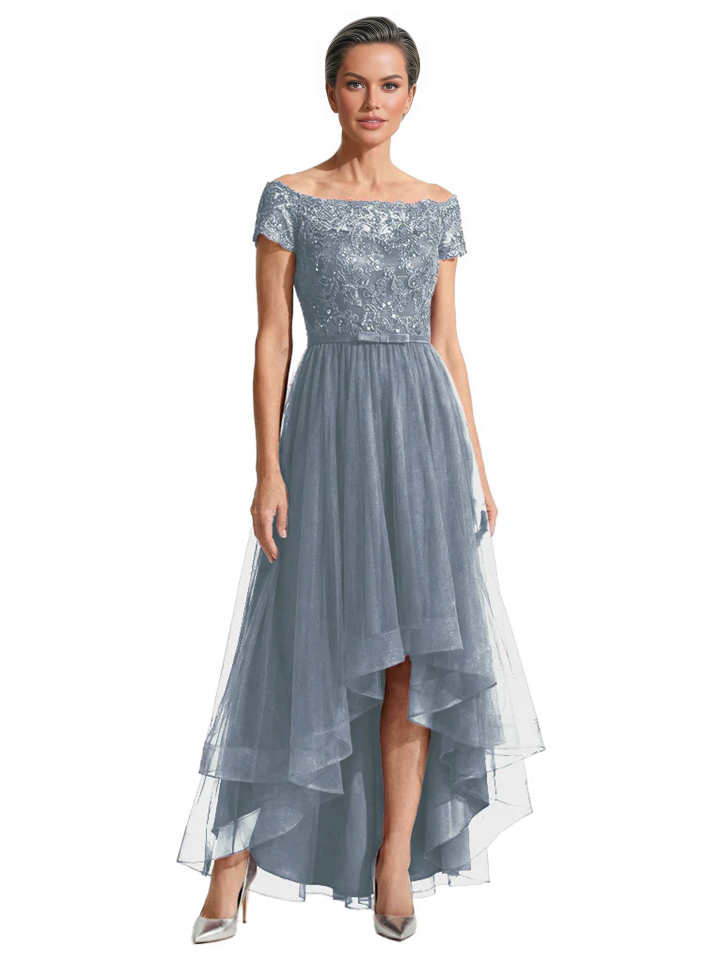 Formal High-Low Mother of the Bride Gown Short Sleeve Lace Maxi Dress with Tiered Skirt