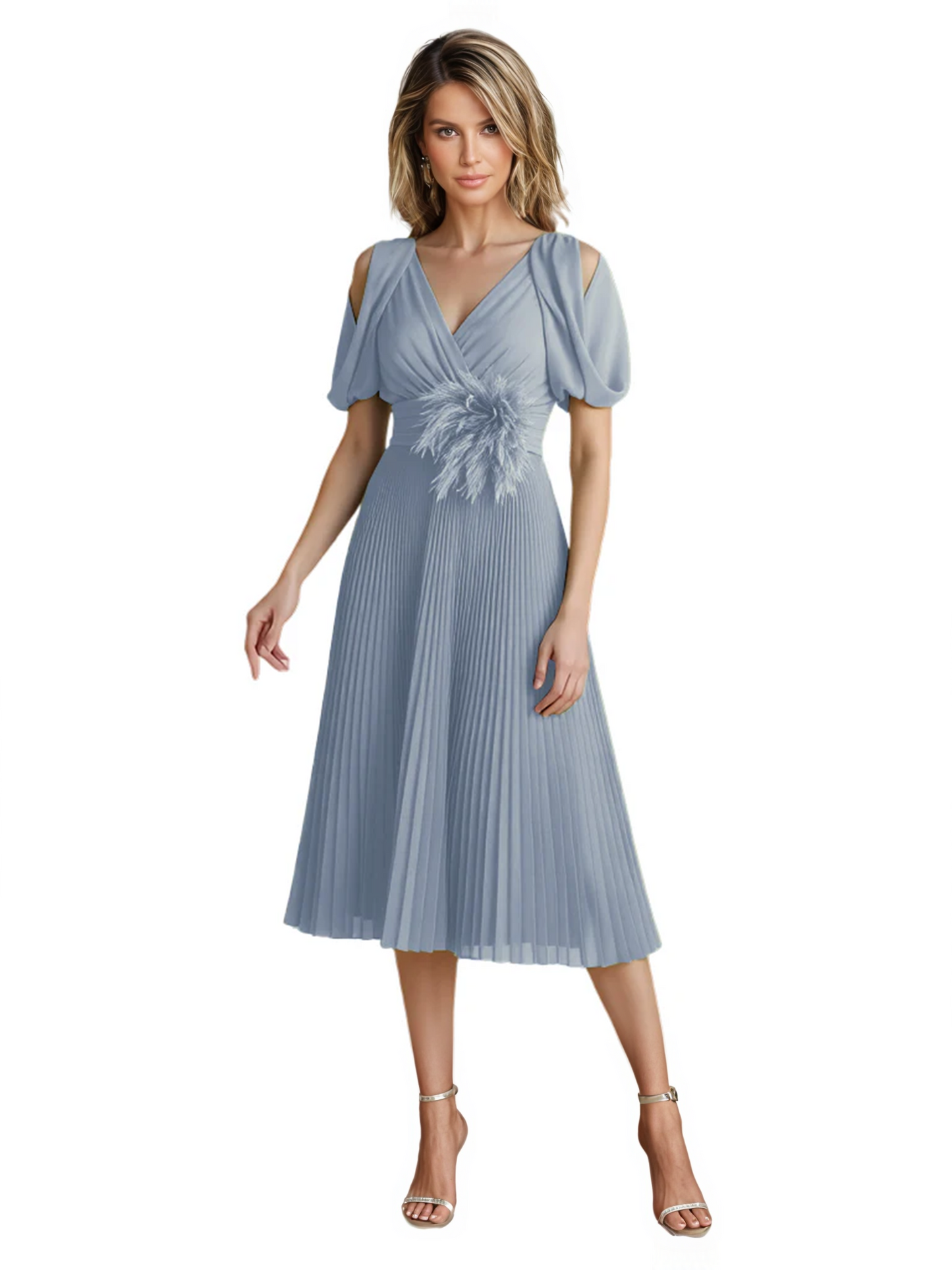 Wedding Formal Dress V-Neck Pleated Chiffon Gown with 3D Flower Accent Knee Length