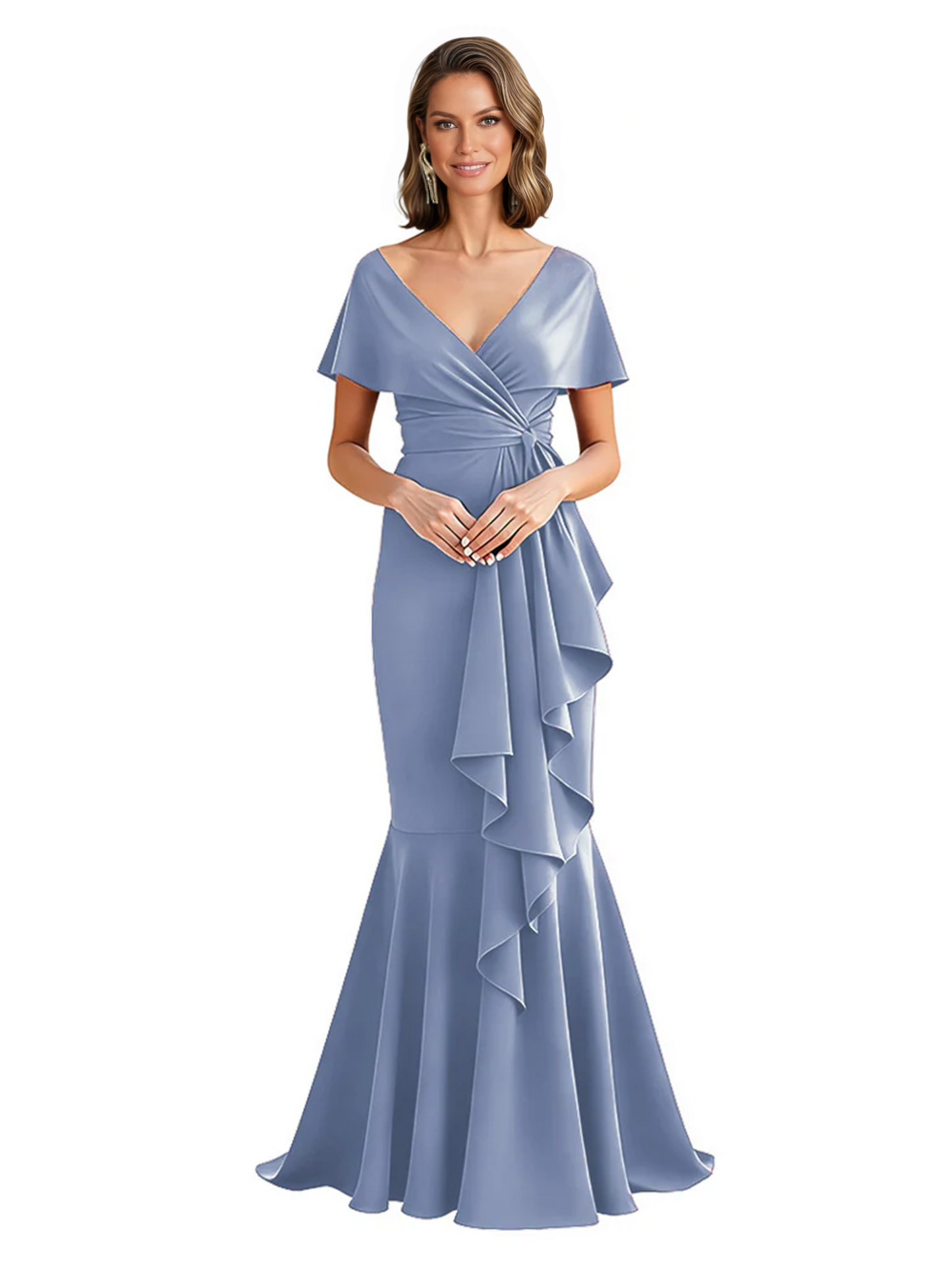Satin Mother of the Bride Dress with Cascading Ruffles and Mermaid Tail V-Neck