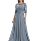 Illusion Neck Mother of the Bride Dress Half Sleeve Lace Applique Gowns Chiffon