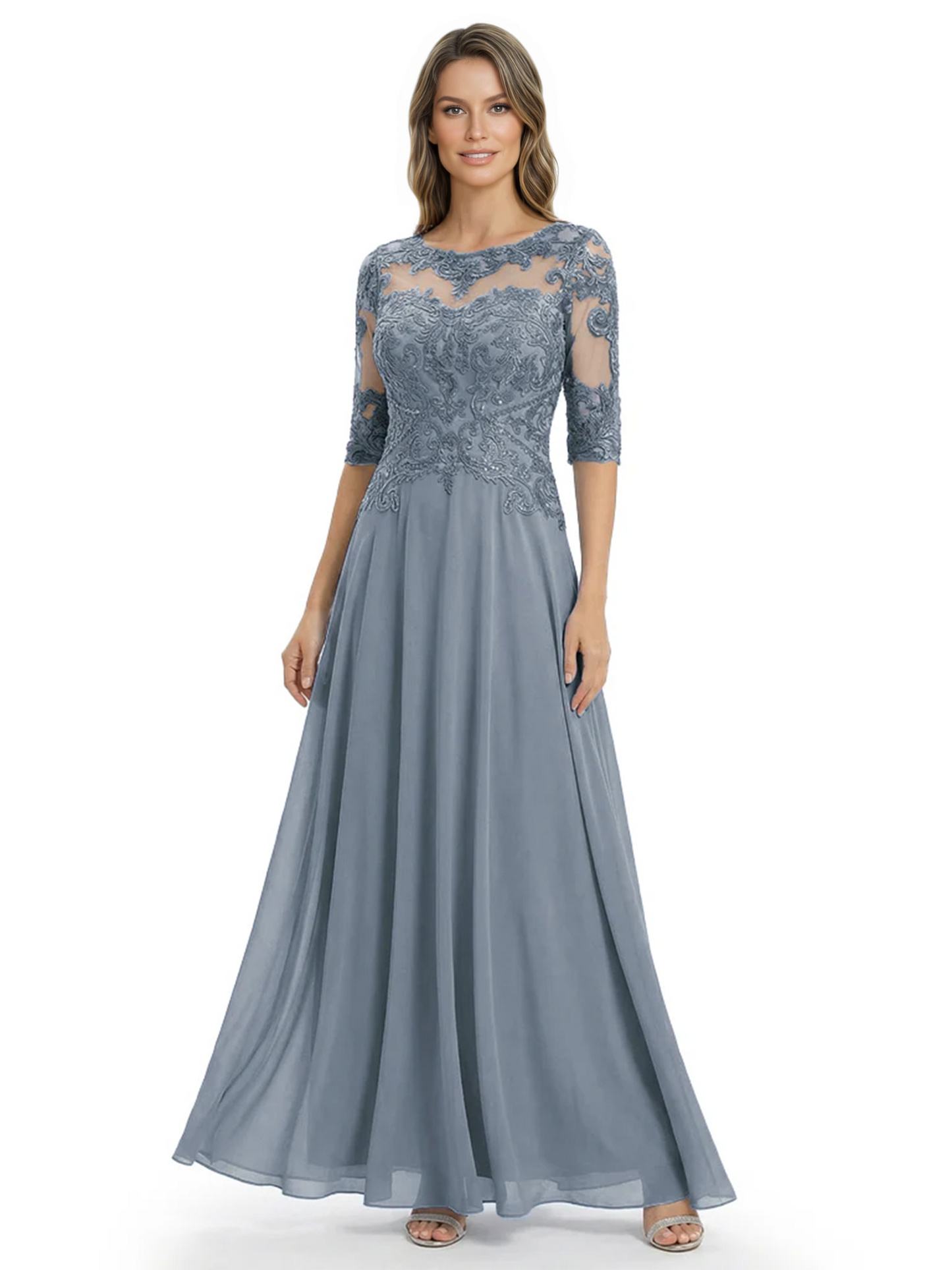 Illusion Neck Mother of the Bride Dress Half Sleeve Lace Applique Gowns Chiffon