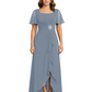 Formal High-Low Mother of the Bride Gown Sleeved Chiffon Maxi Dress Ruched Waist