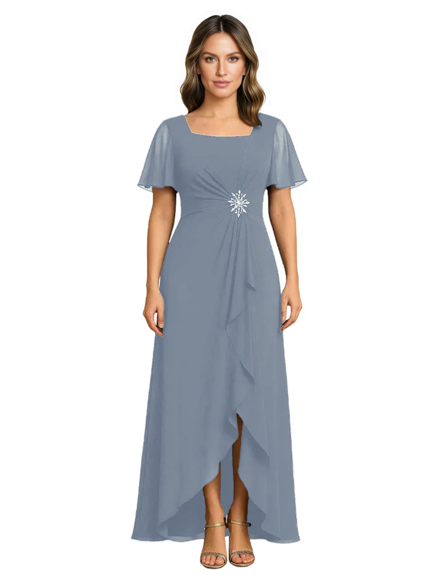 Formal High-Low Mother of the Bride Gown Sleeved Chiffon Maxi Dress Ruched Waist