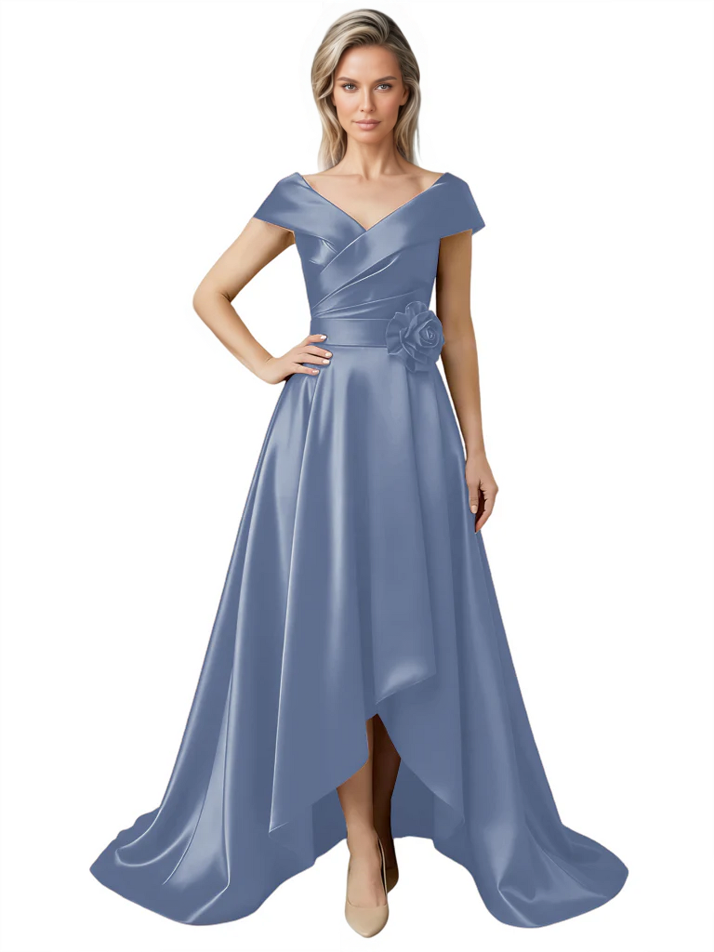 Off Shoulder Mother of the Bride Dress High-Low Satin Gown with Portrait Neckline