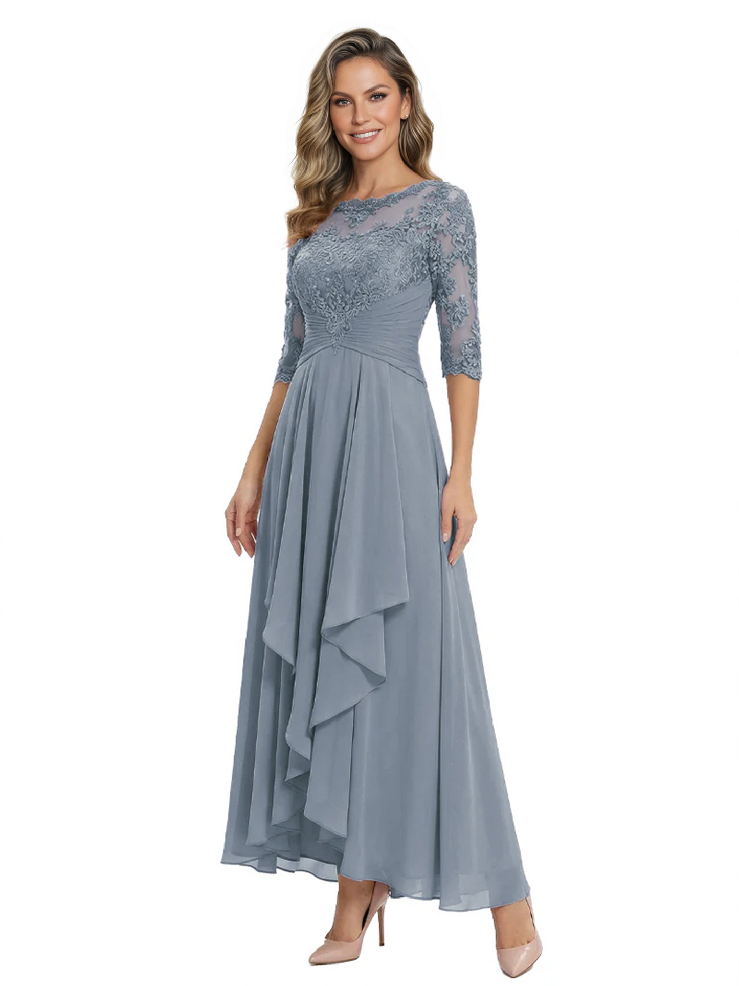 3/4 Sleeve Mother of the Bride Dress with Lace Embroidery High-Low Hem 2026