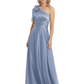 One-Shoulder Mother of the Bride Dress Satin Gown with Bow Ruched Empire Waist