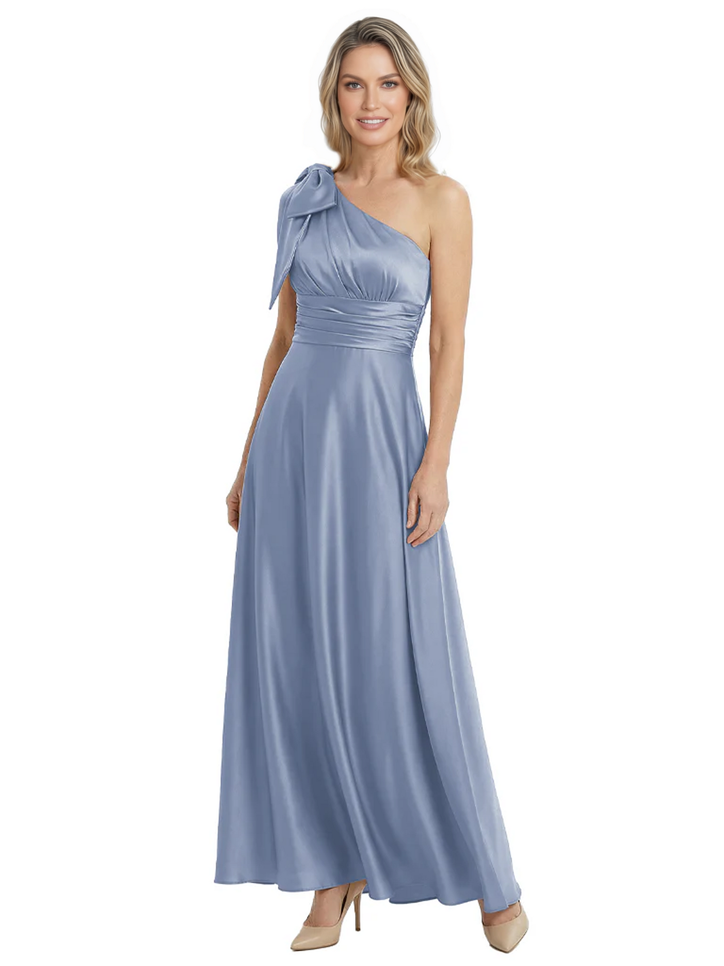 One-Shoulder Mother of the Bride Dress Satin Gown with Bow Ruched Empire Waist