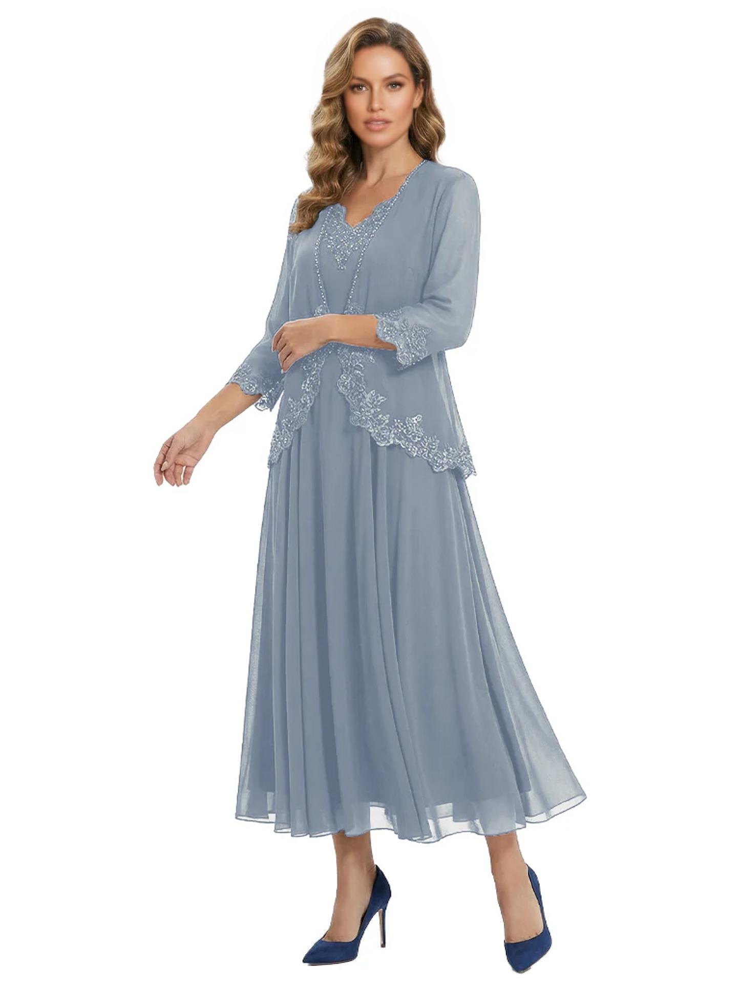3/4 Sleeve Chiffon Mother of the Brides Dresses V-Neck Wedding Party Gowns