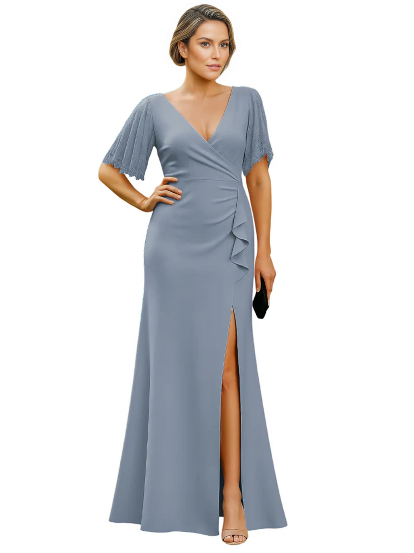 Elegant Evening Gown Trending V-Neck & Ruffle Detail Mother of Bride Outfits Slit