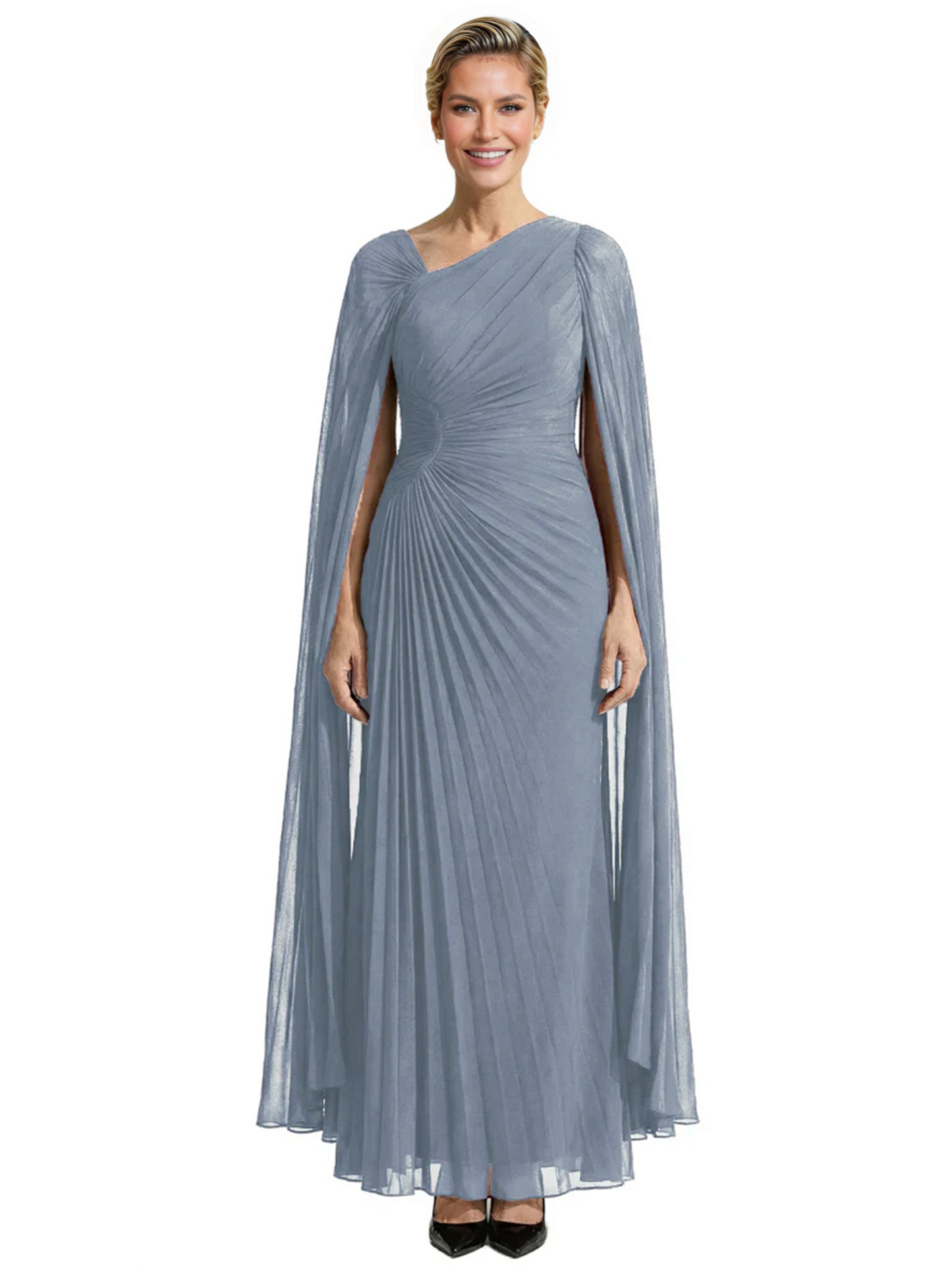 Elegant Asymmetric Neck Long A-Line Chiffon Mother of the Brides Dresses Mom Outfit with Cape