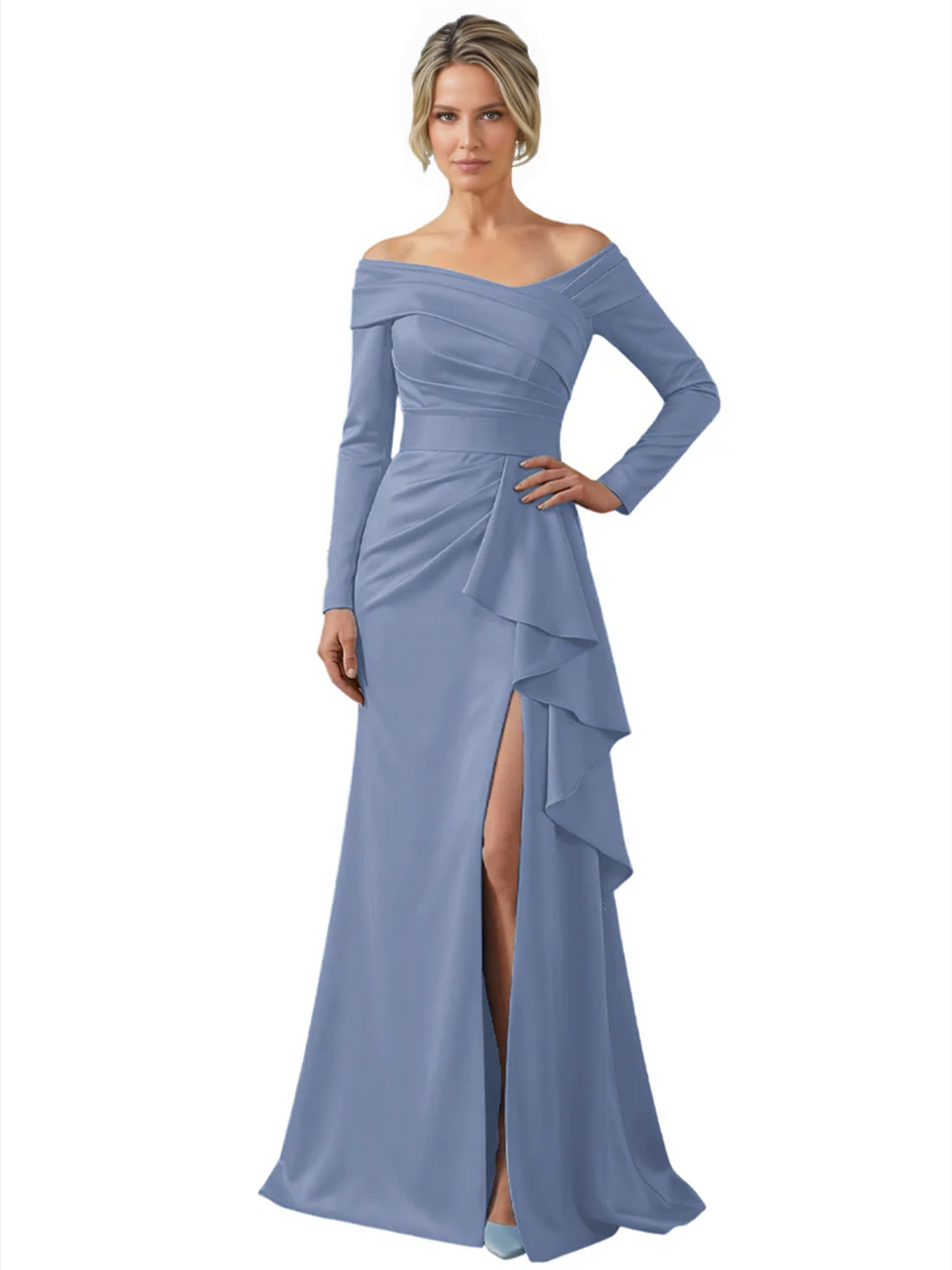 Elegant Mother of the Groom Dress Cascading Ruffle Satin Gown with High Slit Long Sleeves