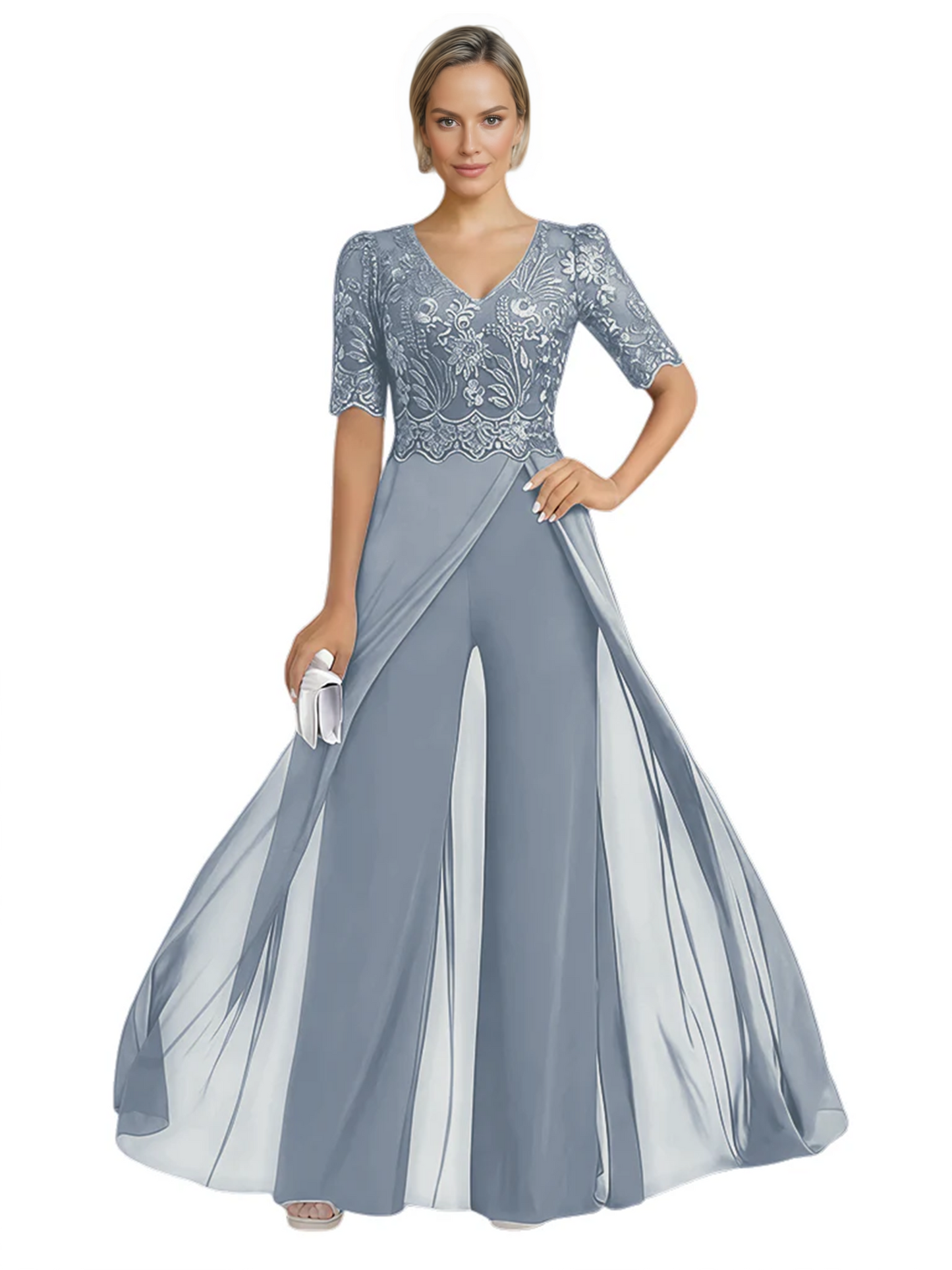 V-Neck Chiffon Mother of the Brides Jumpsuits Dresses Floor Length A-Line Lace