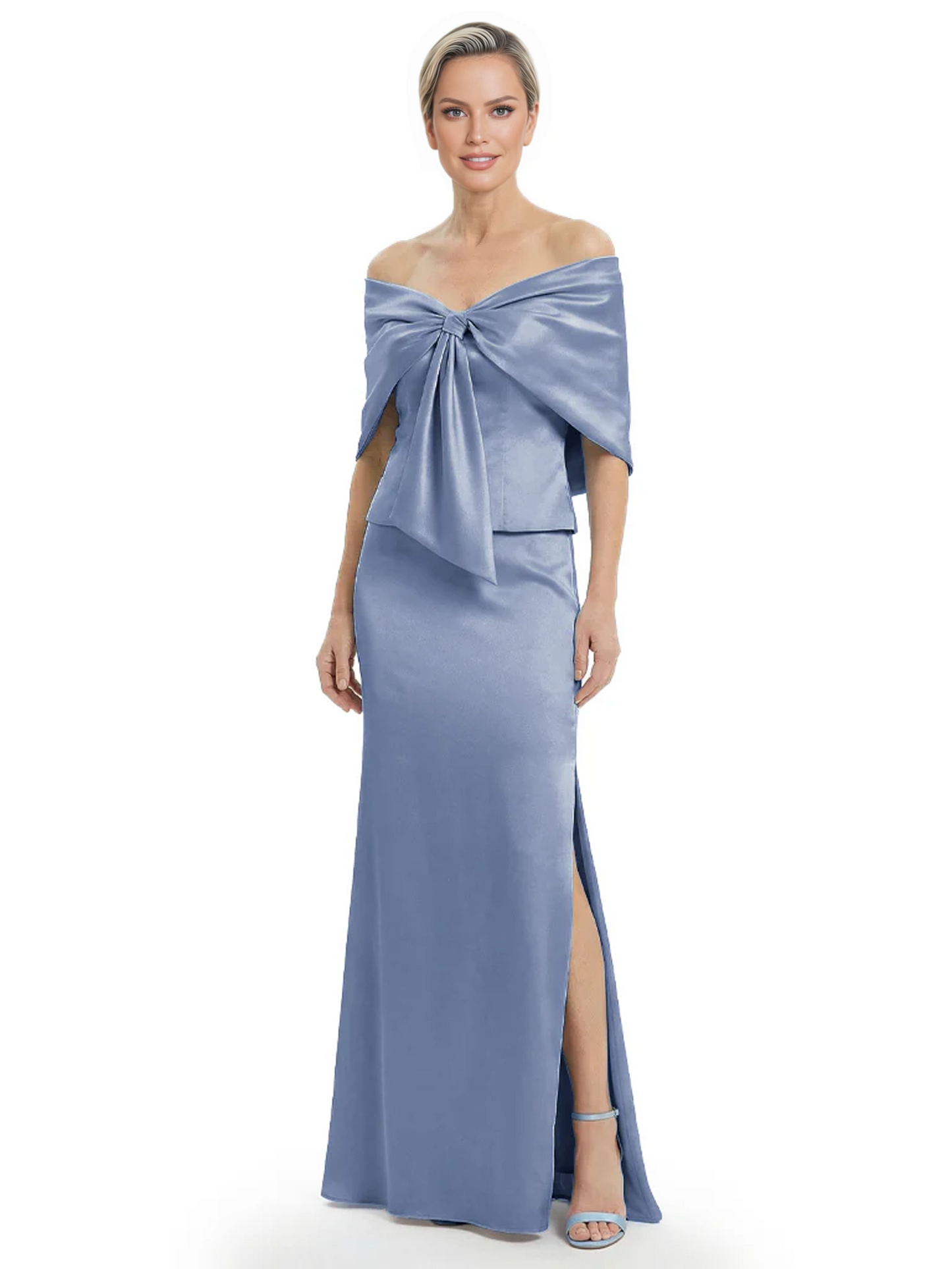 Formal Floor-Length Mother of the Bride Gown Satin Maxi Dress with Bow Neckline