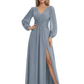 A-Line Mother of Bride Dress V-Neck Chiffon Gown Long Sleeves Slit Formal Dress
