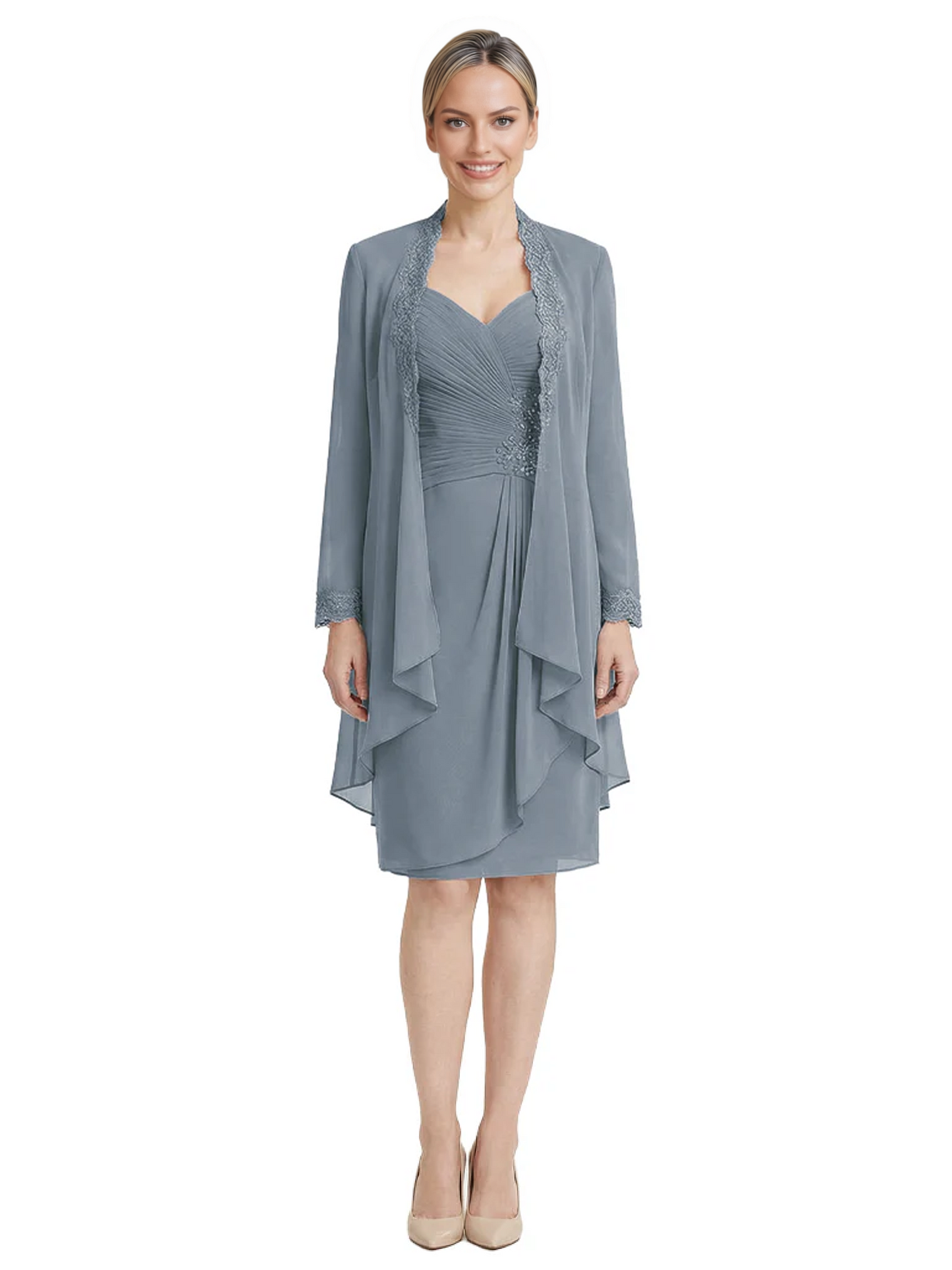2PCS Knee Length Chiffon Mother of the Brides Dresses Short V-Neck