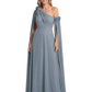 One Shoulder Mother of the Bride Dress Asymmetrical Cape Sleeve Gown with Floral