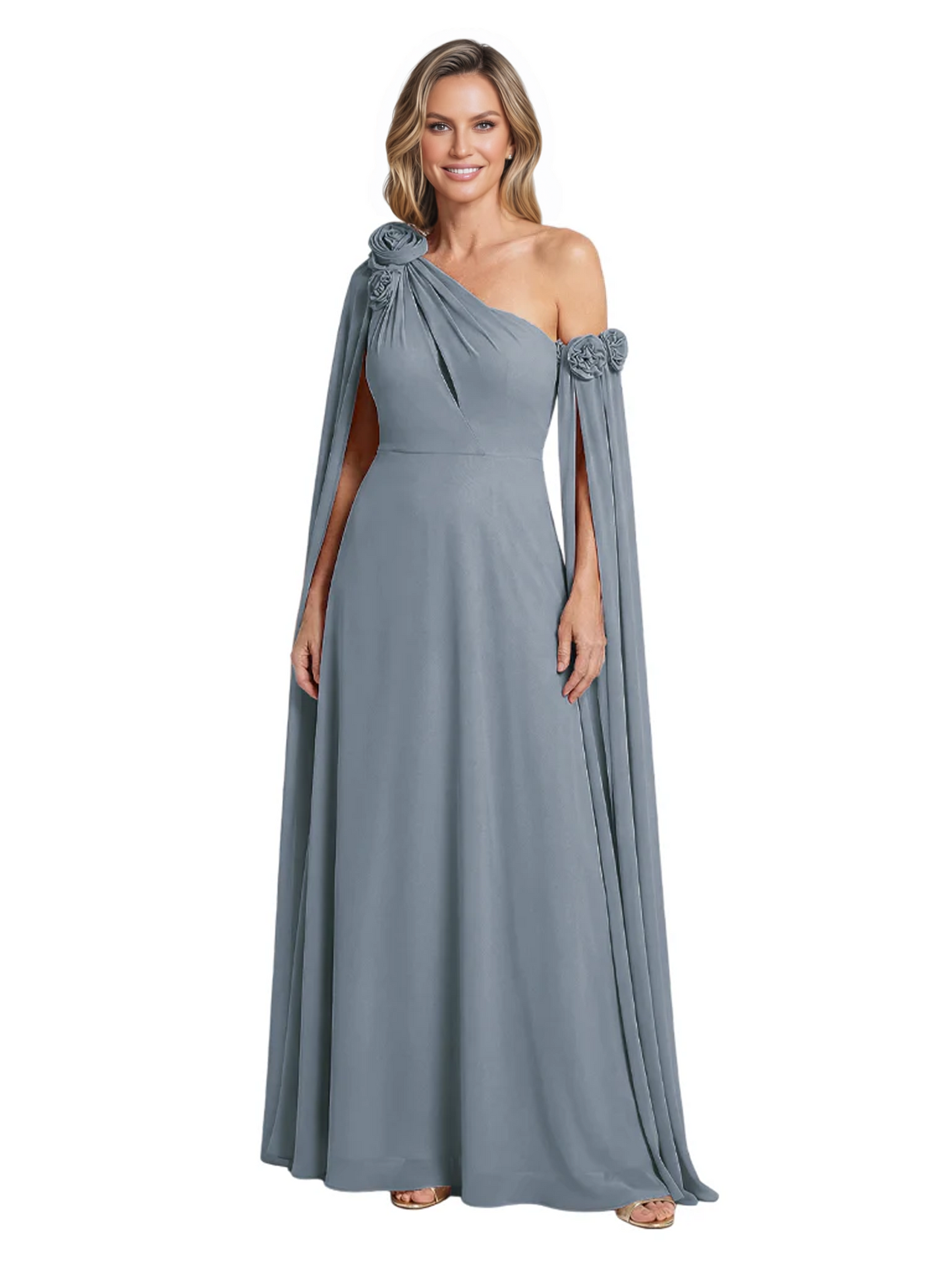 One Shoulder Mother of the Bride Dress Asymmetrical Cape Sleeve Gown with Floral