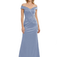 Off Shoulder Mother of the Bride Dress Beaded Waist Satin Gown Portrait Neckline