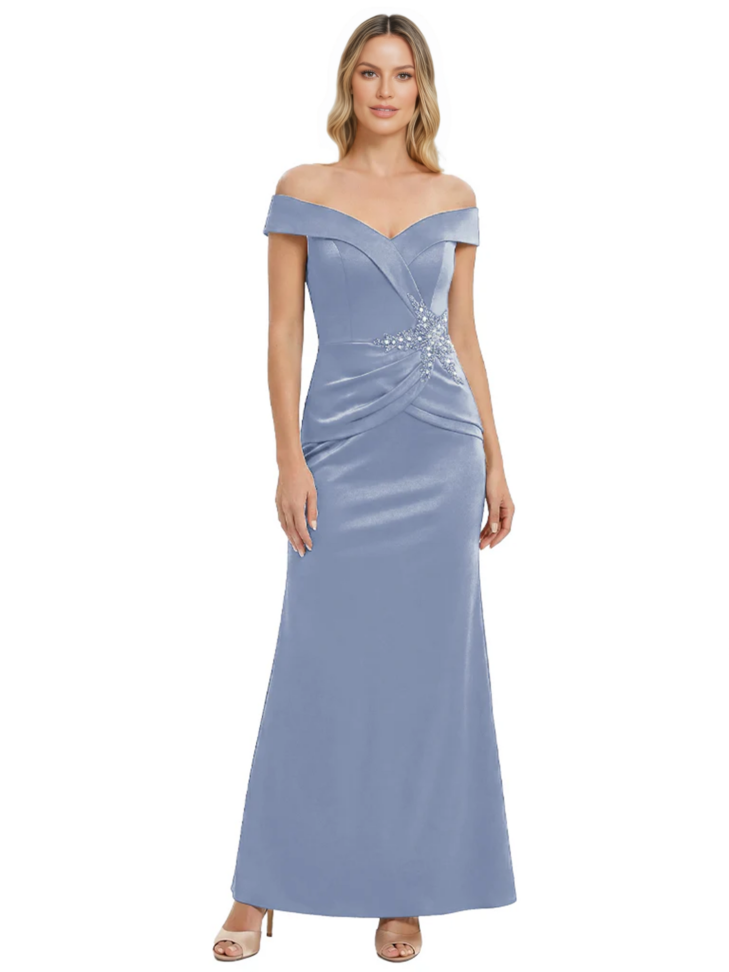 Off Shoulder Mother of the Bride Dress Beaded Waist Satin Gown Portrait Neckline