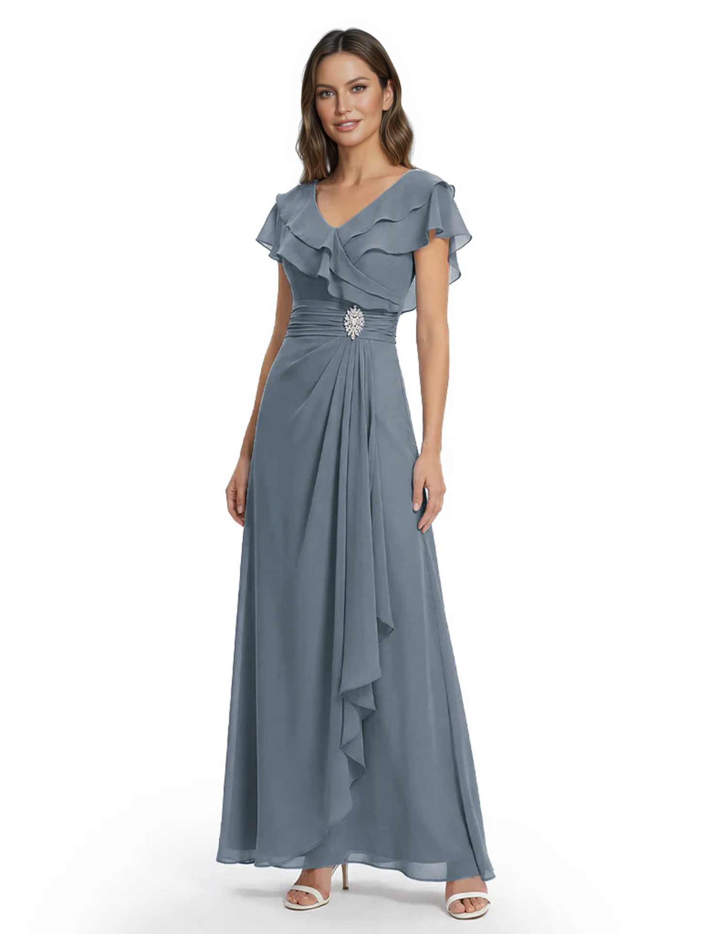 Elegant Mother of the Groom Dress Cascading Ruffle Chiffon Formal Gown Rhinestone