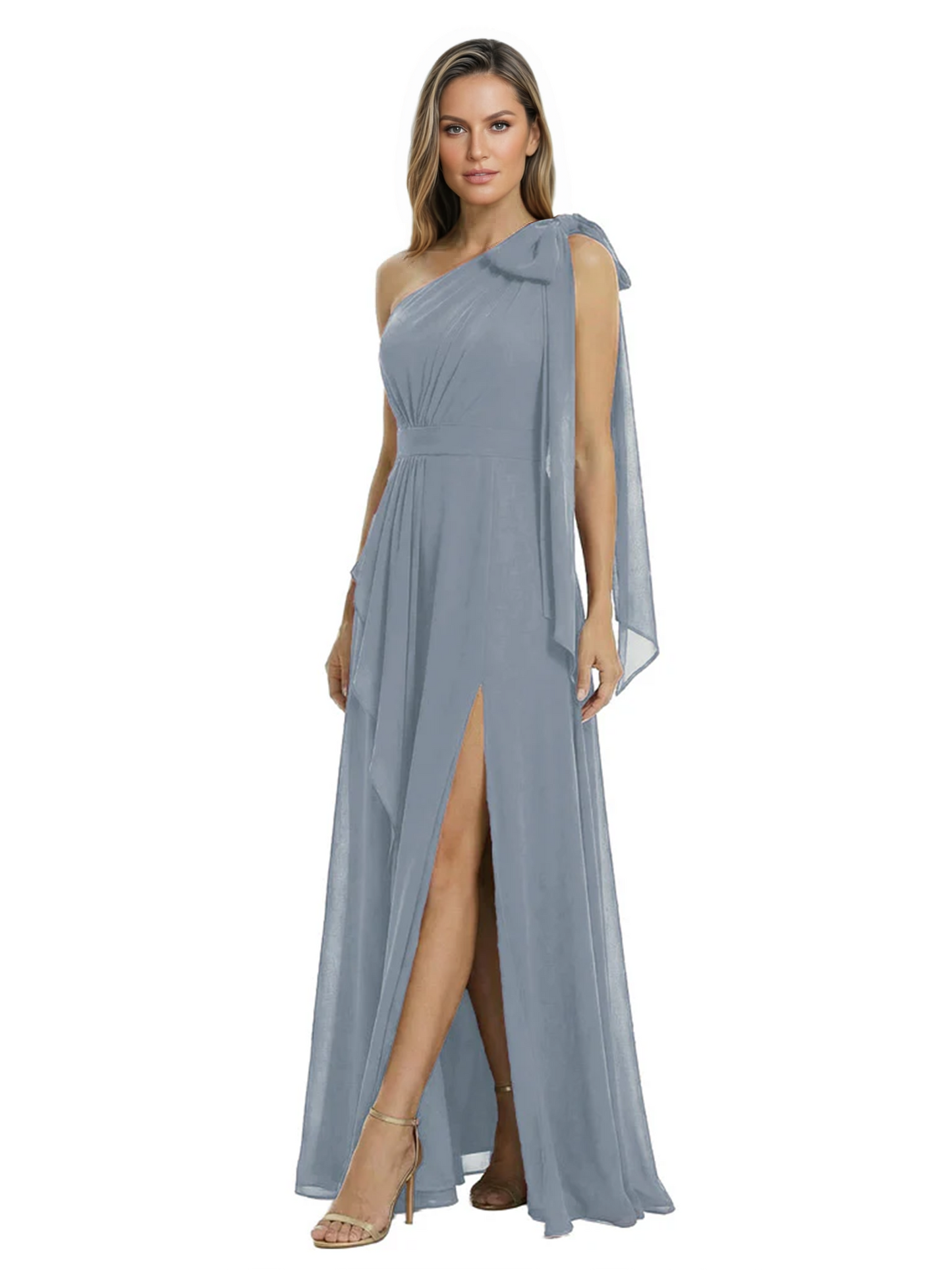 One-Shoulder Mother of the Bride Dress Chiffon Gown with Long Sash Detail
