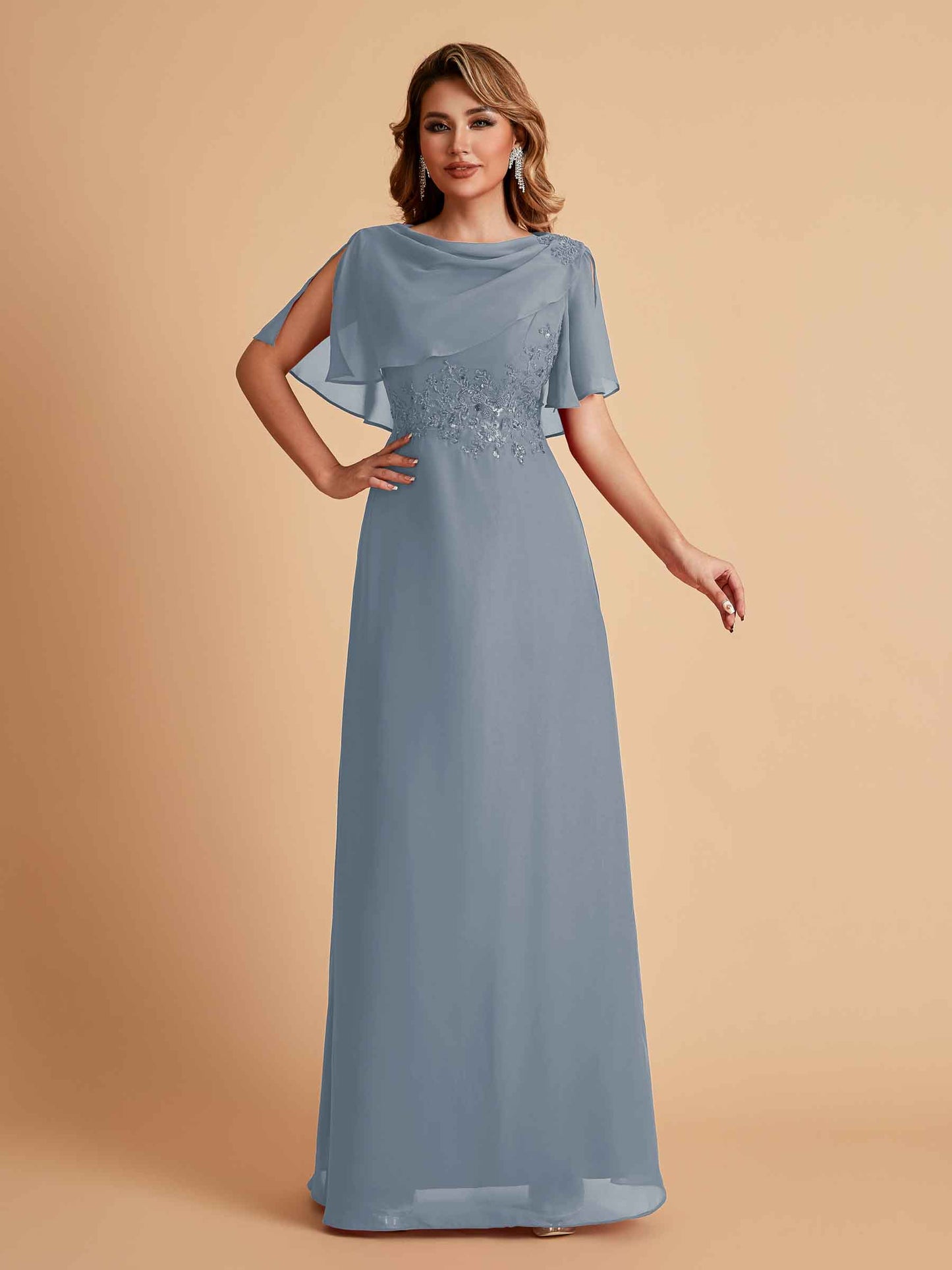 Elegant A-Line Chiffon Half Sleeves Jewel Mother of the Brides Dresses Online