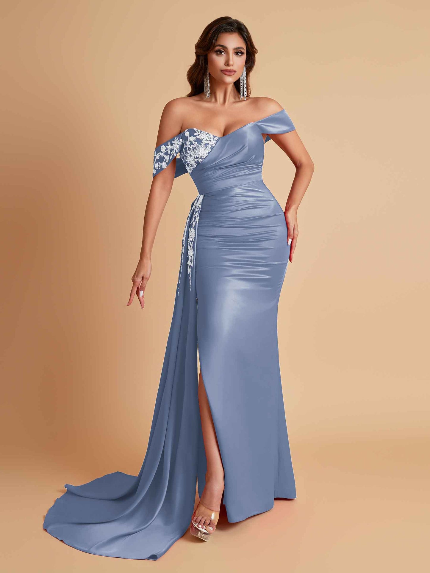 Elegant Soft Satin Mermaid Off Shoulder Floor-Length Mermaid Bridesmaid Dresses