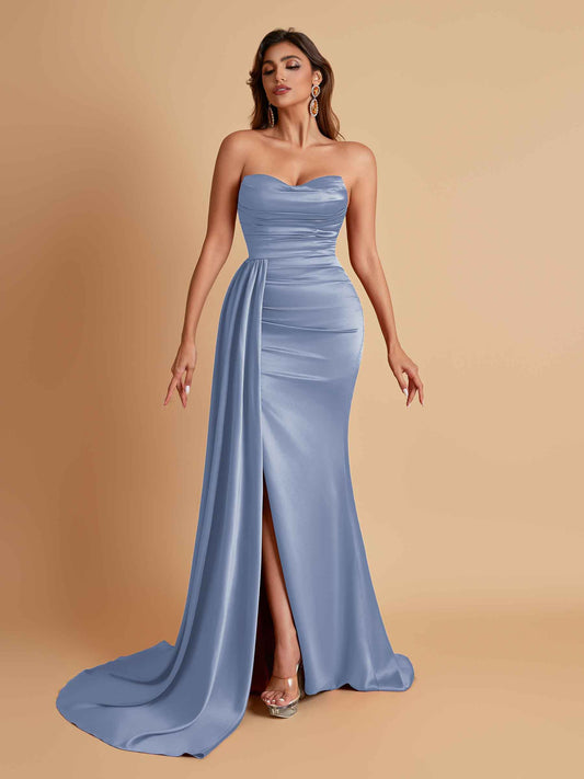 Elegant Soft Satin Sweetheart Strapless Side-Slit Mermaid Bridesmaid Dresses