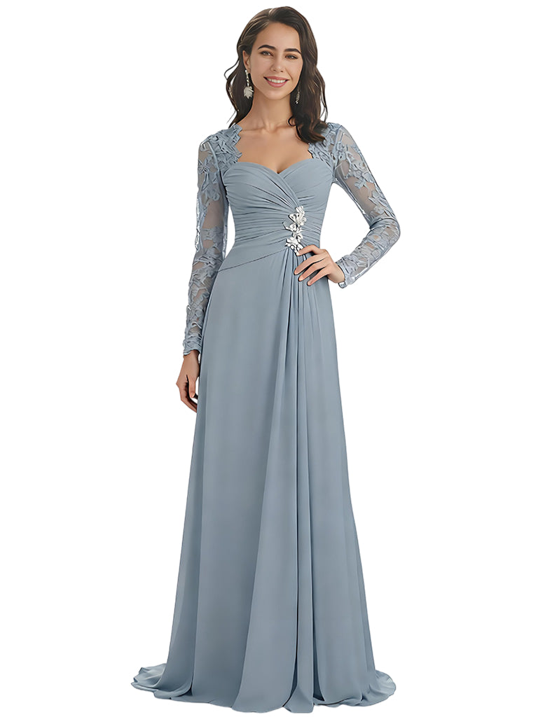 Chiffon A-Line Lace Mother of The Bride Dresses Long Formal Evening Dresses