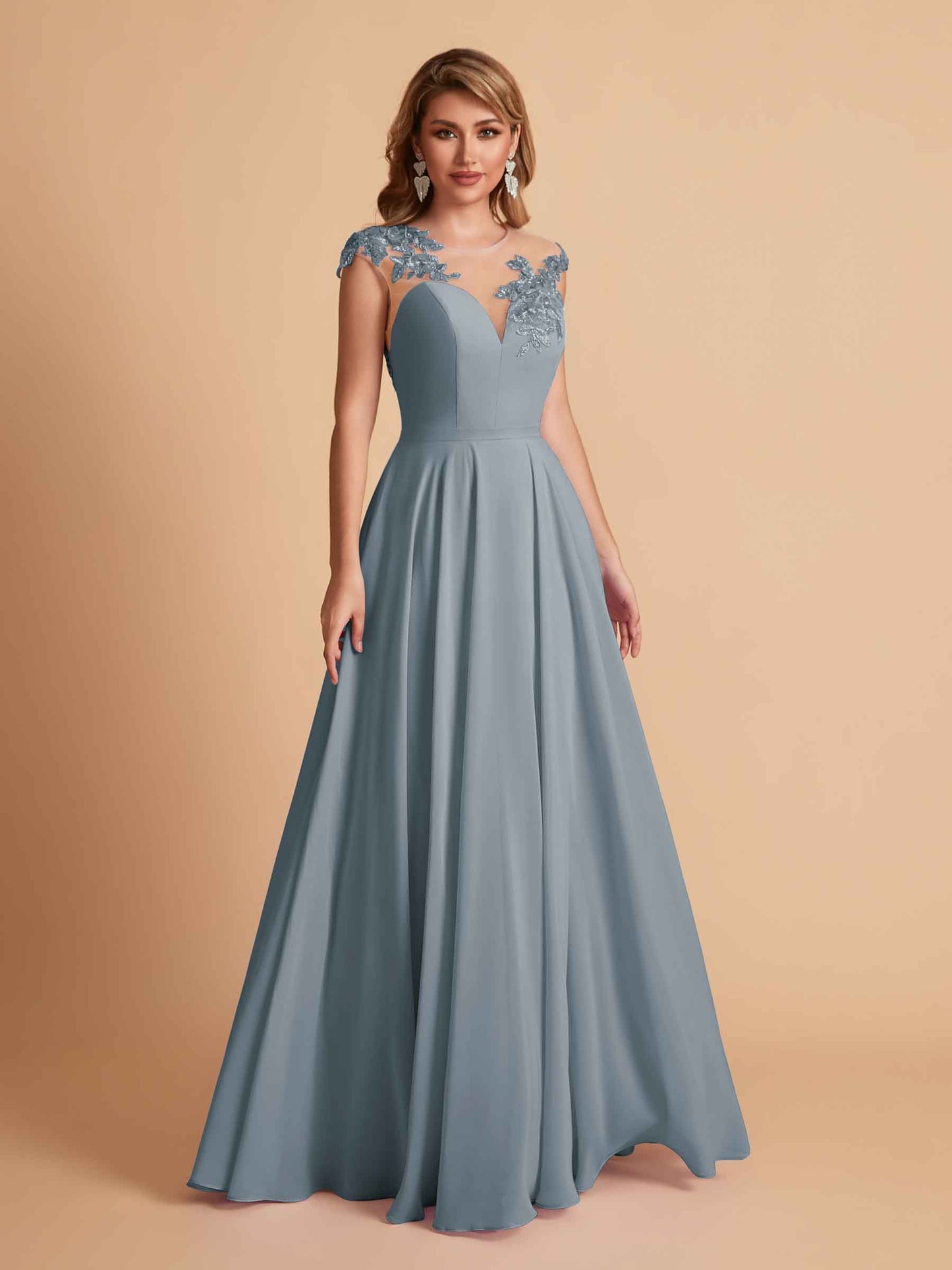 Chiffon Illusion Lace Top A-line Bridesmaid Dresses V-neck Floor Length Wedding Guest Dresses