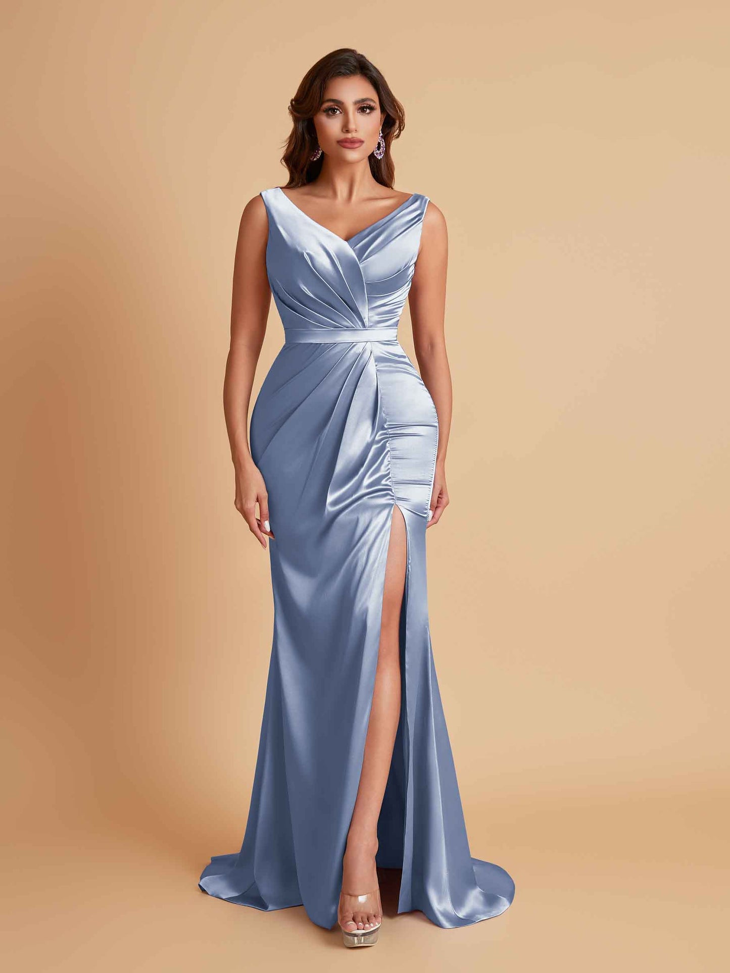 Elegant V Neck Soft Satin Side Slit Floor-Length Mermaid Bridesmaid Dresses