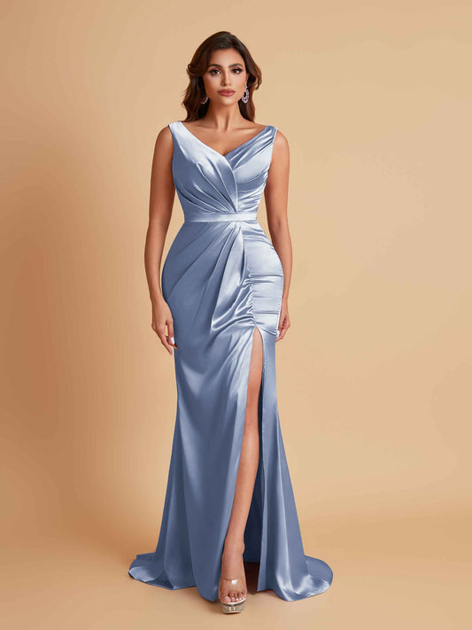 Elegant V Neck Soft Satin Side Slit Floor-Length Mermaid Bridesmaid Dresses
