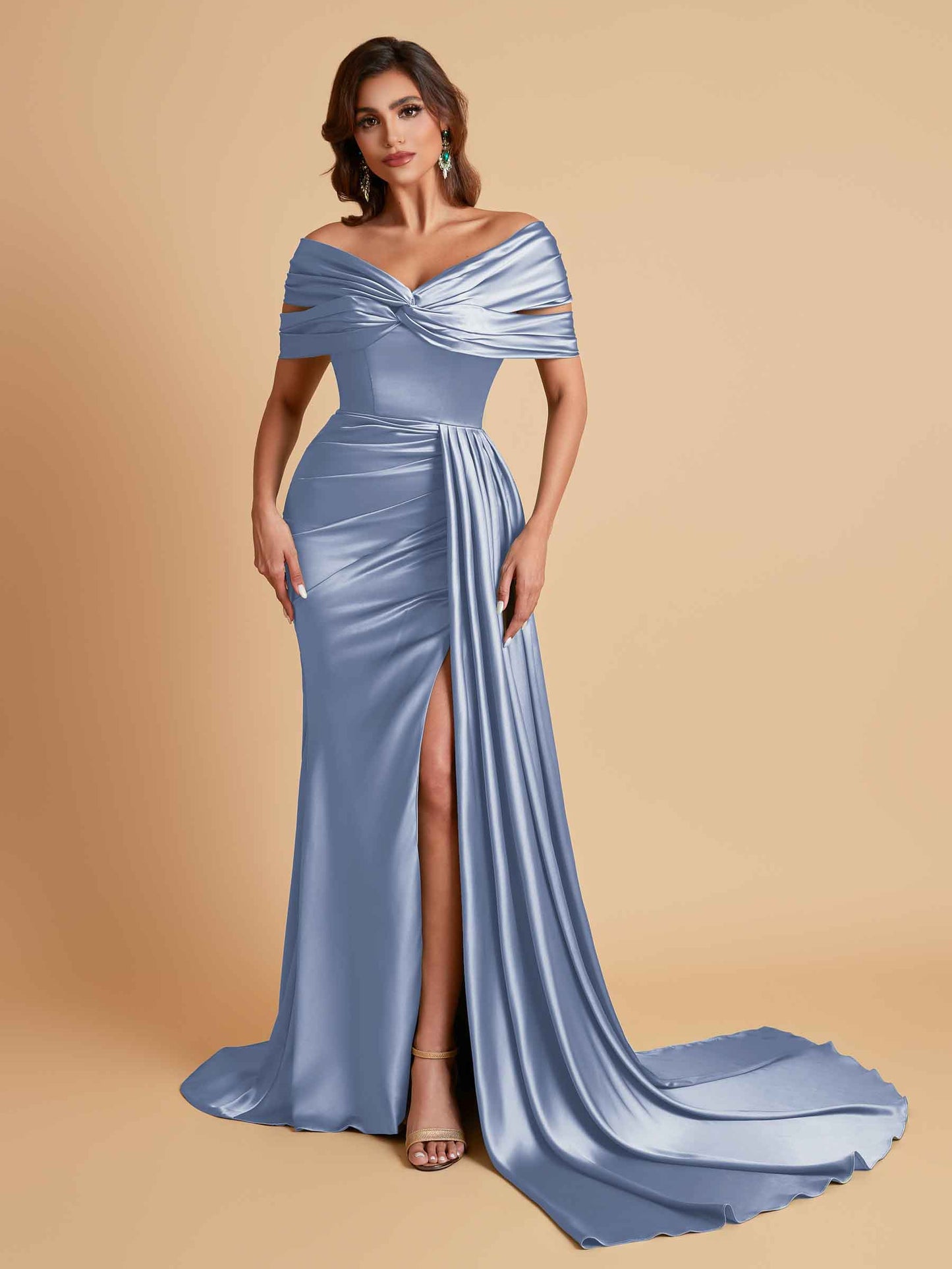 Elegant Soft Satin V-neck Off-the-Shoulder Side-Slit Mermaid Bridesmaid Dresses