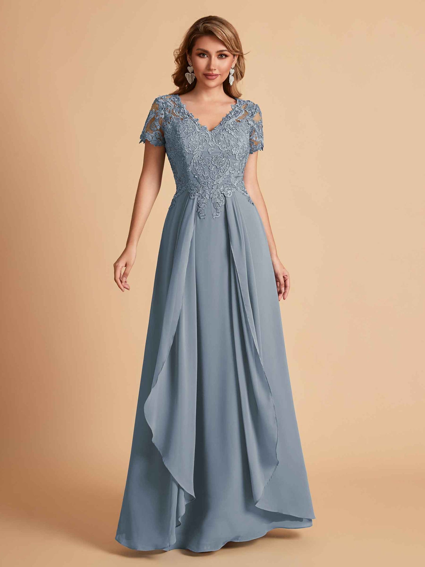 Elegant A-Line Chiffon Short Sleeves V-neck Mother of the Brides Dresses Lace Top MOB Dresses