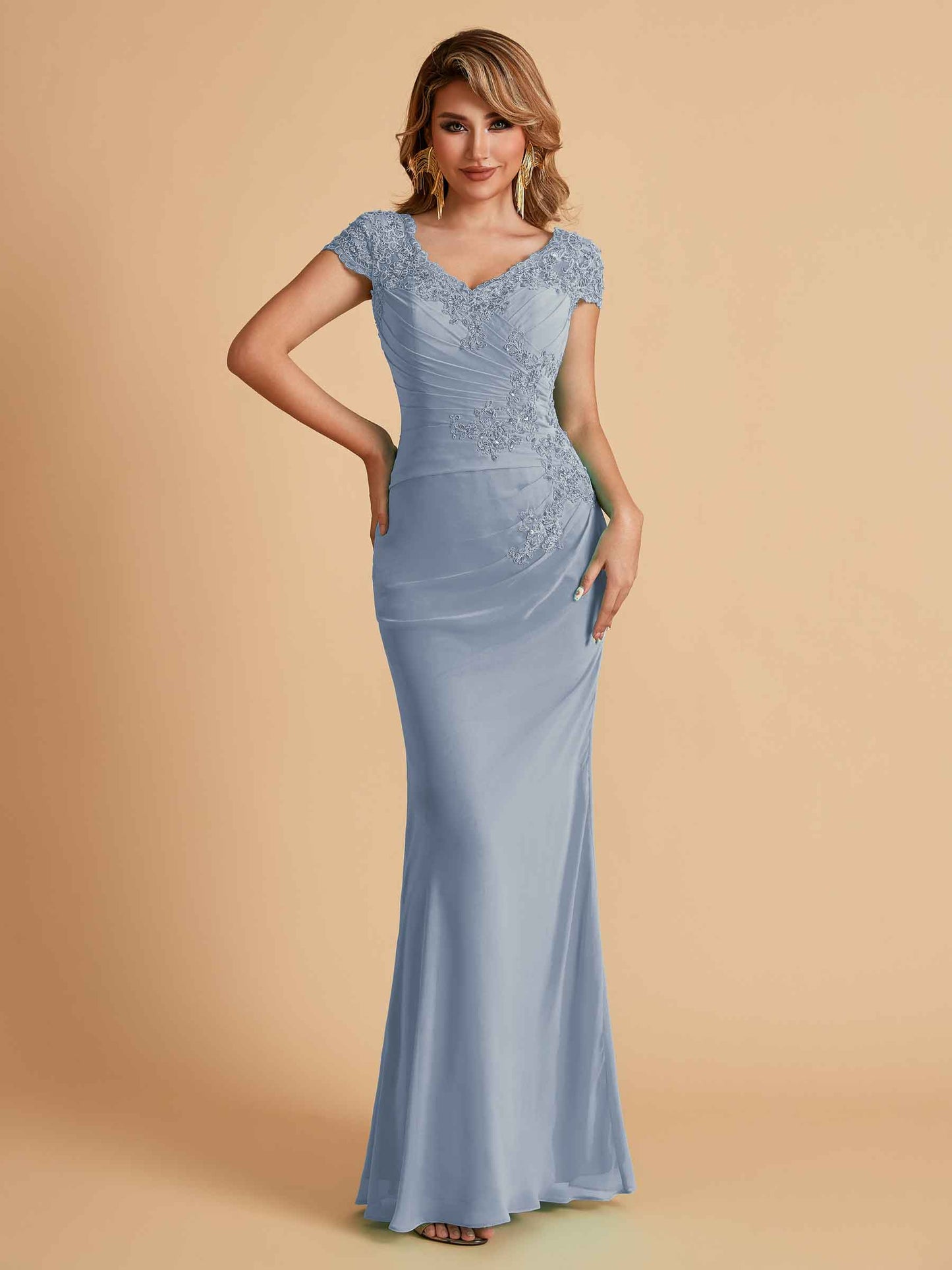 Elegant Mermaid Chiffon Cap Sleeves V-Neck Mother of the Brides Dresses Online